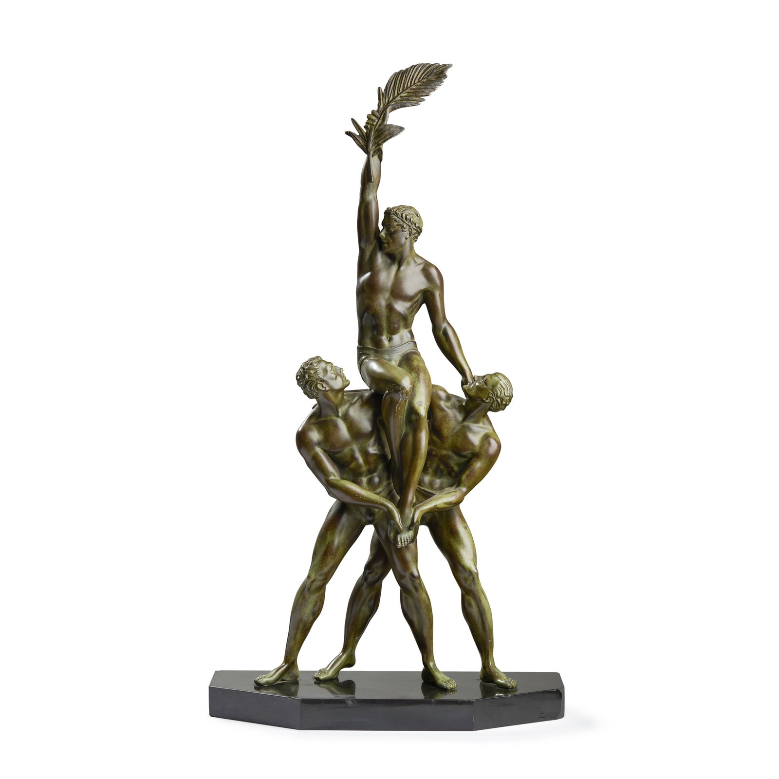 ‡ § PIERRE LE FAGUAYS (1892-1962): PIERRE LE FAGUAYS (1892-1962) TROPHÉE circa 1910patinated metal, marble baseengraved Le Faguays 62.5cm high