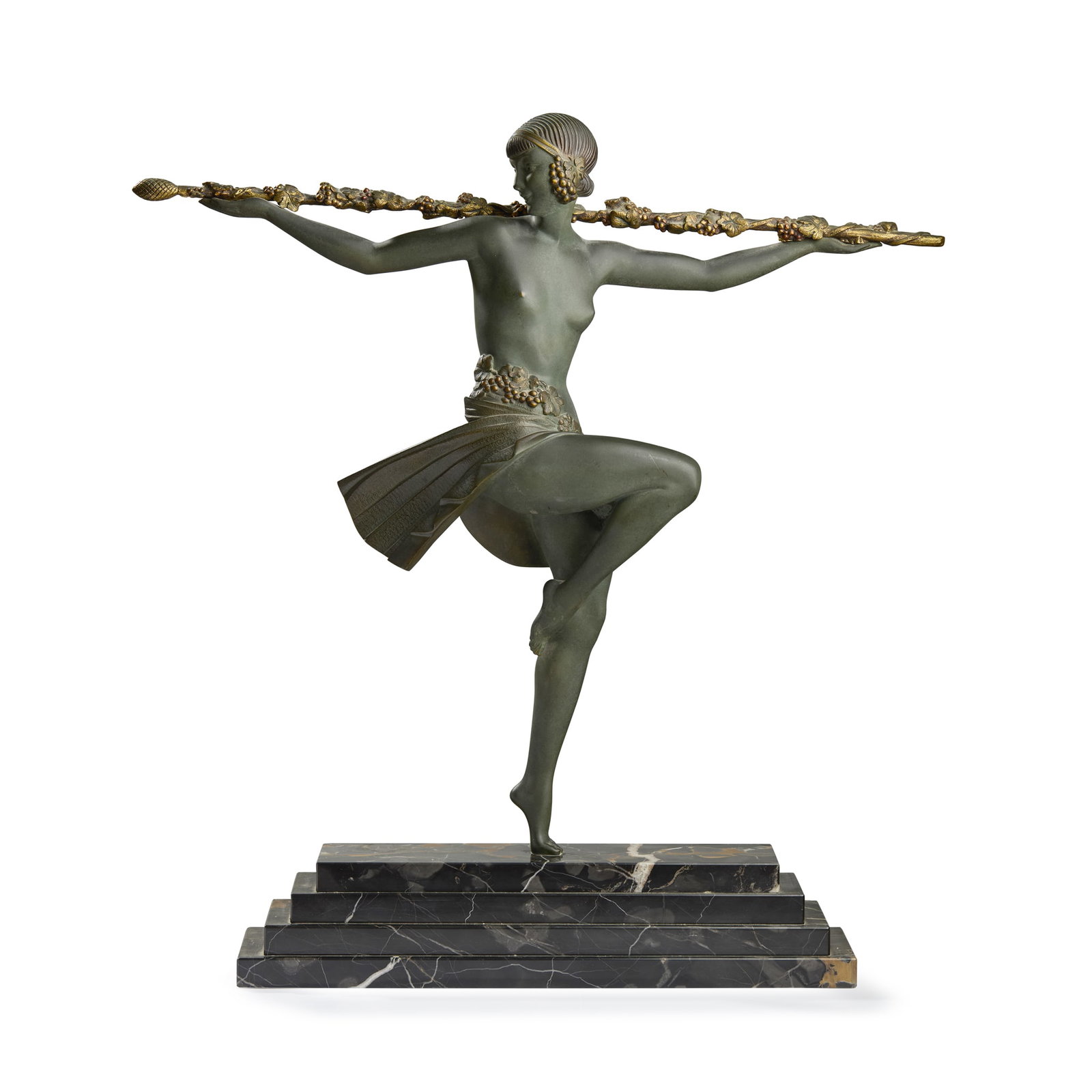 ‡ § PIERRE LE FAGUAYS (1892-1962): PIERRE LE FAGUAYS (1892-1962) DANCER WITH THYRSUS circa 1925patinated and gilt bronze, marbleengraved Le Faguays, foot stamped BRONZE 53cm high, 50cm wide