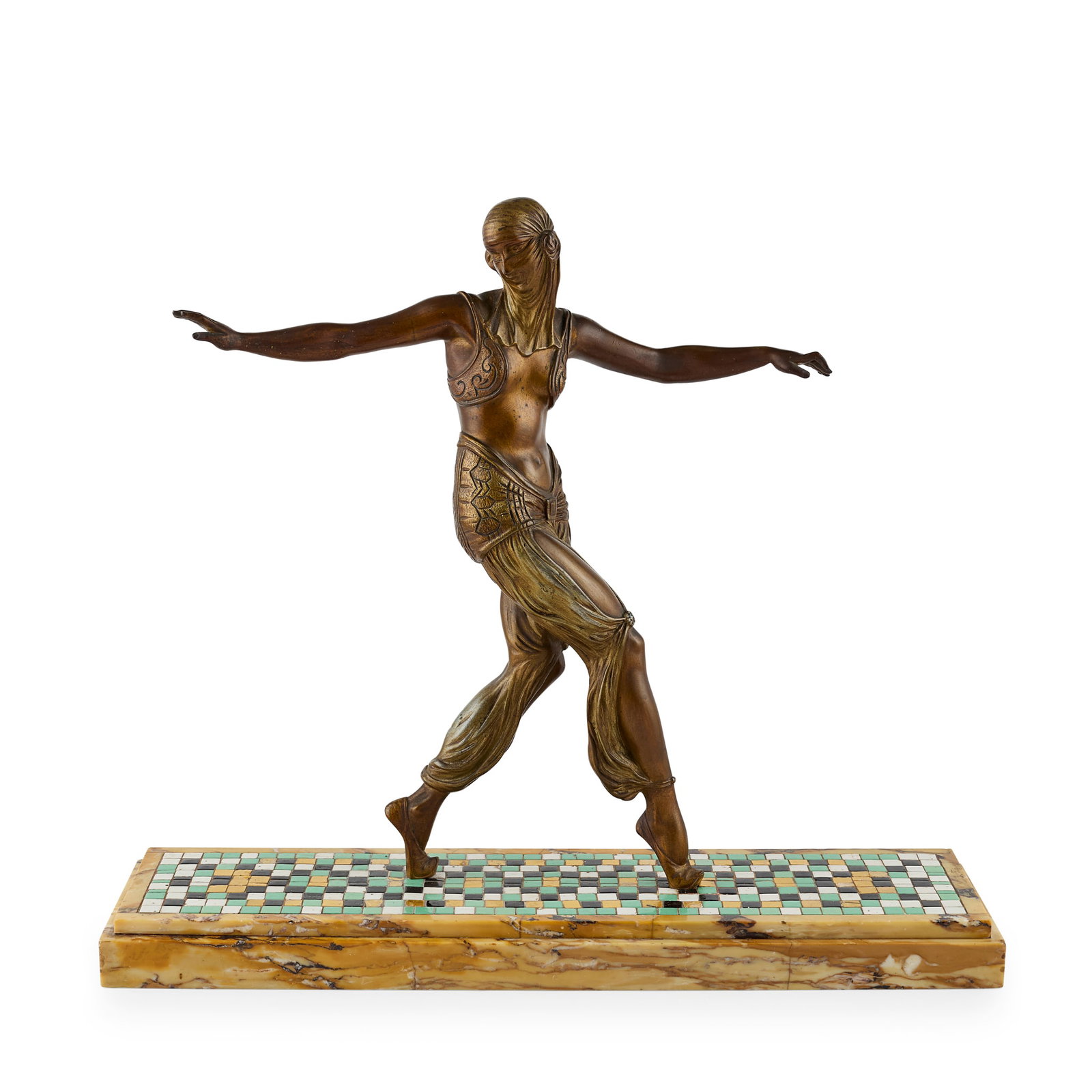PIERRE LE FAGUAYS (1892-1962): PIERRE LE FAGUAYS (1892-1962) FILLE DE HAREM designed circa 1922bronze, with silvered details, marble base inset with mosaicengraved Le Faguays 46.5cm high overall, figure 36cm high, 46.5cm wide