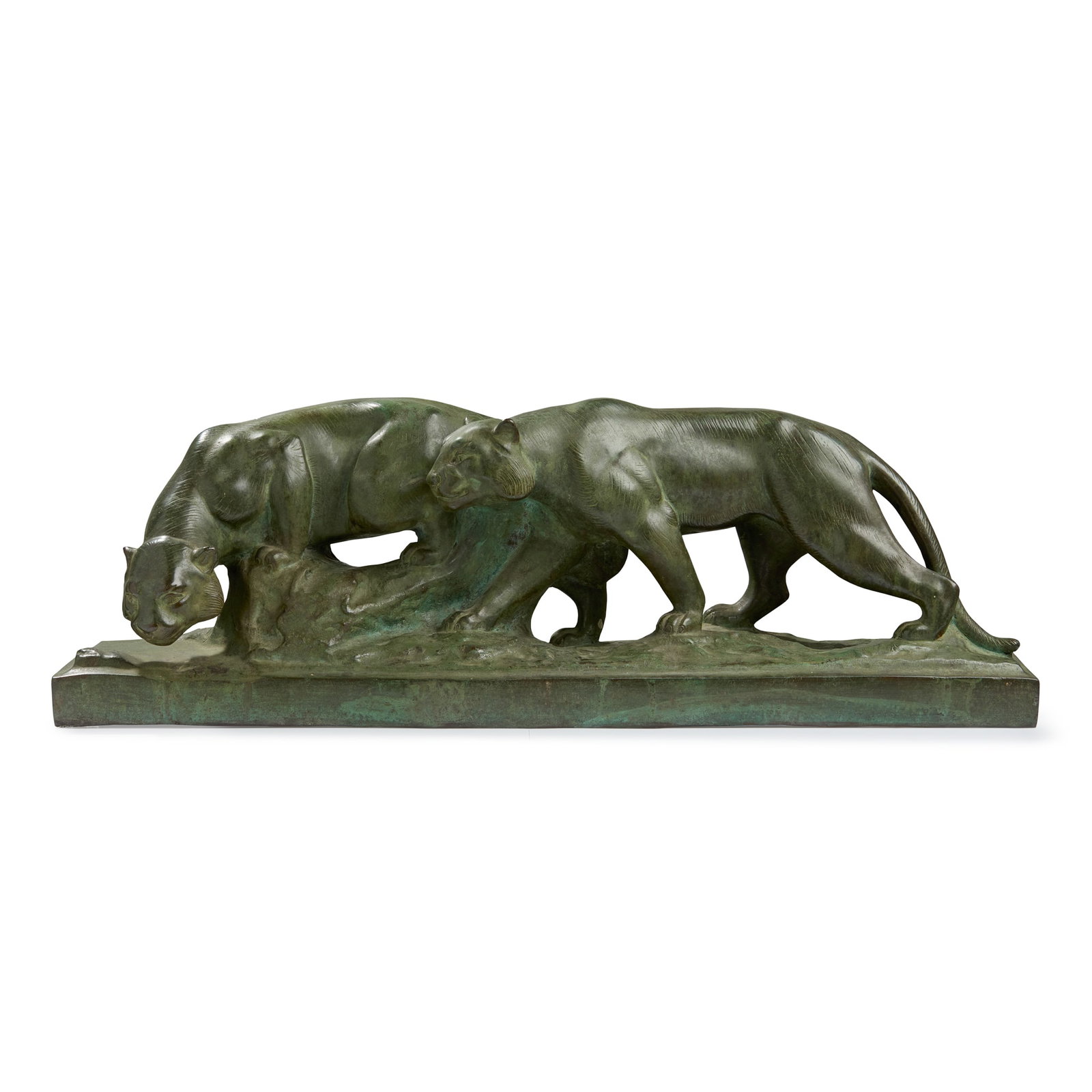 ‡ EUROPEAN: EUROPEAN PAIR OF TIGERS circa 1920patinated bronze 20cm high, 57.5cm wide, 13.8cm deep