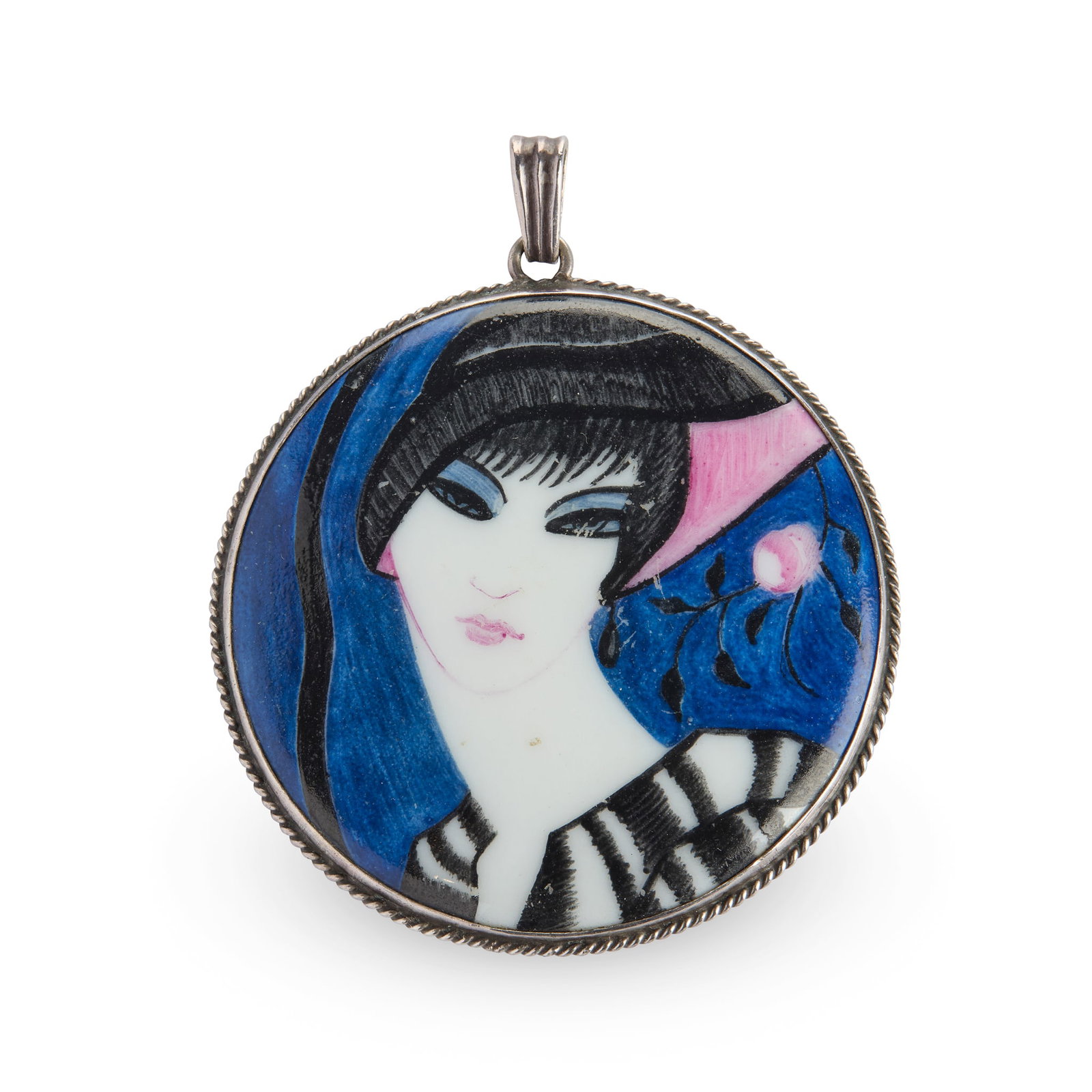 EUROPEAN: EUROPEAN PENDANT designed 1922painted porcelain and silversigned ML Pál Binder 1922, stamped 900 5.3cm diameter Private Collection, London