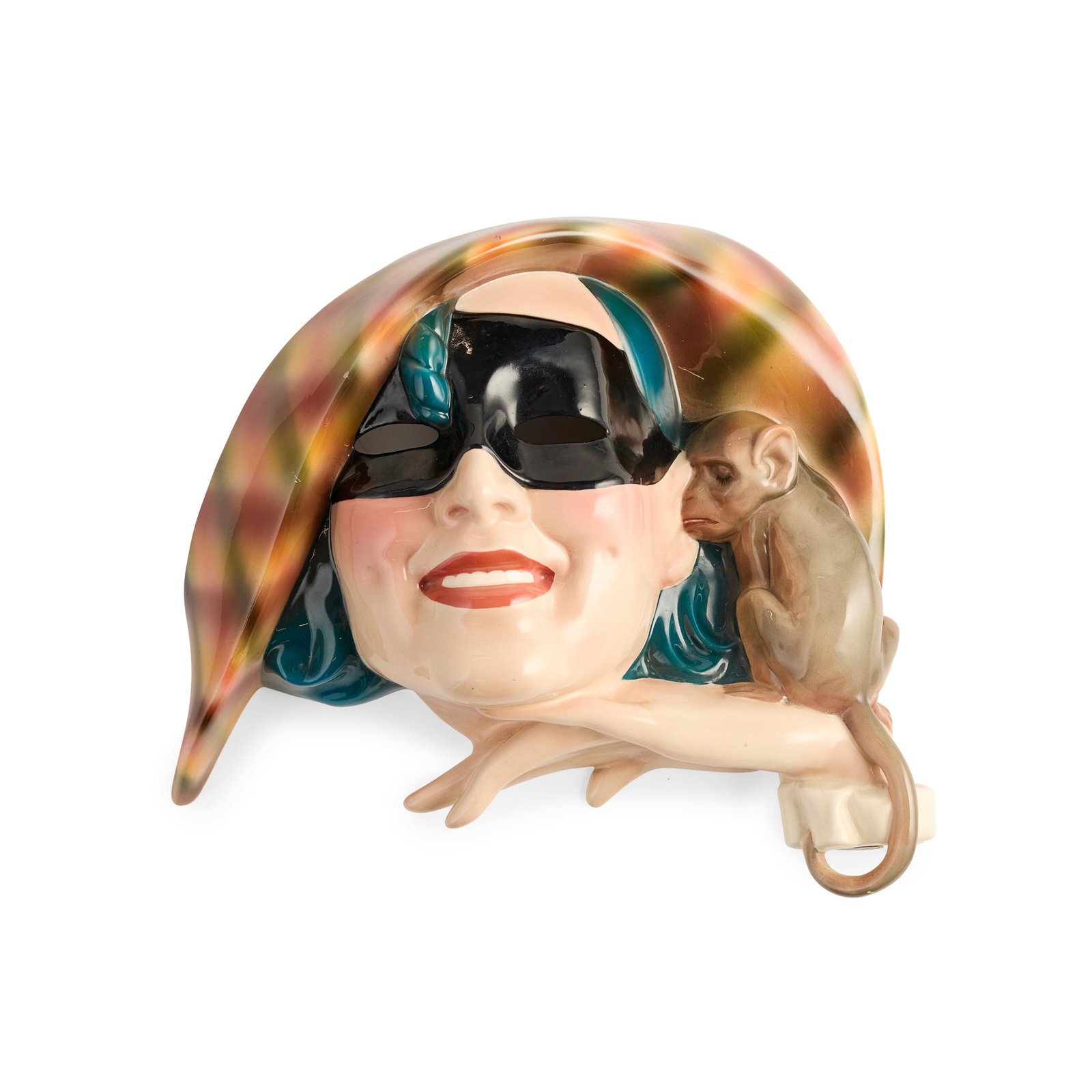 SANDRO VACCHETTI (1889-1976) FOR ESSEVI (EST. 1934): SANDRO VACCHETTI (1889-1976) FOR ESSEVI (EST. 1934) LA CONFIDENZA WALL MASK designed circa 1941glazed earthenwarepaper makers label Essevi, painted mark ESSEVI MADE IN ITALY 26cm high, 31.5cm wide