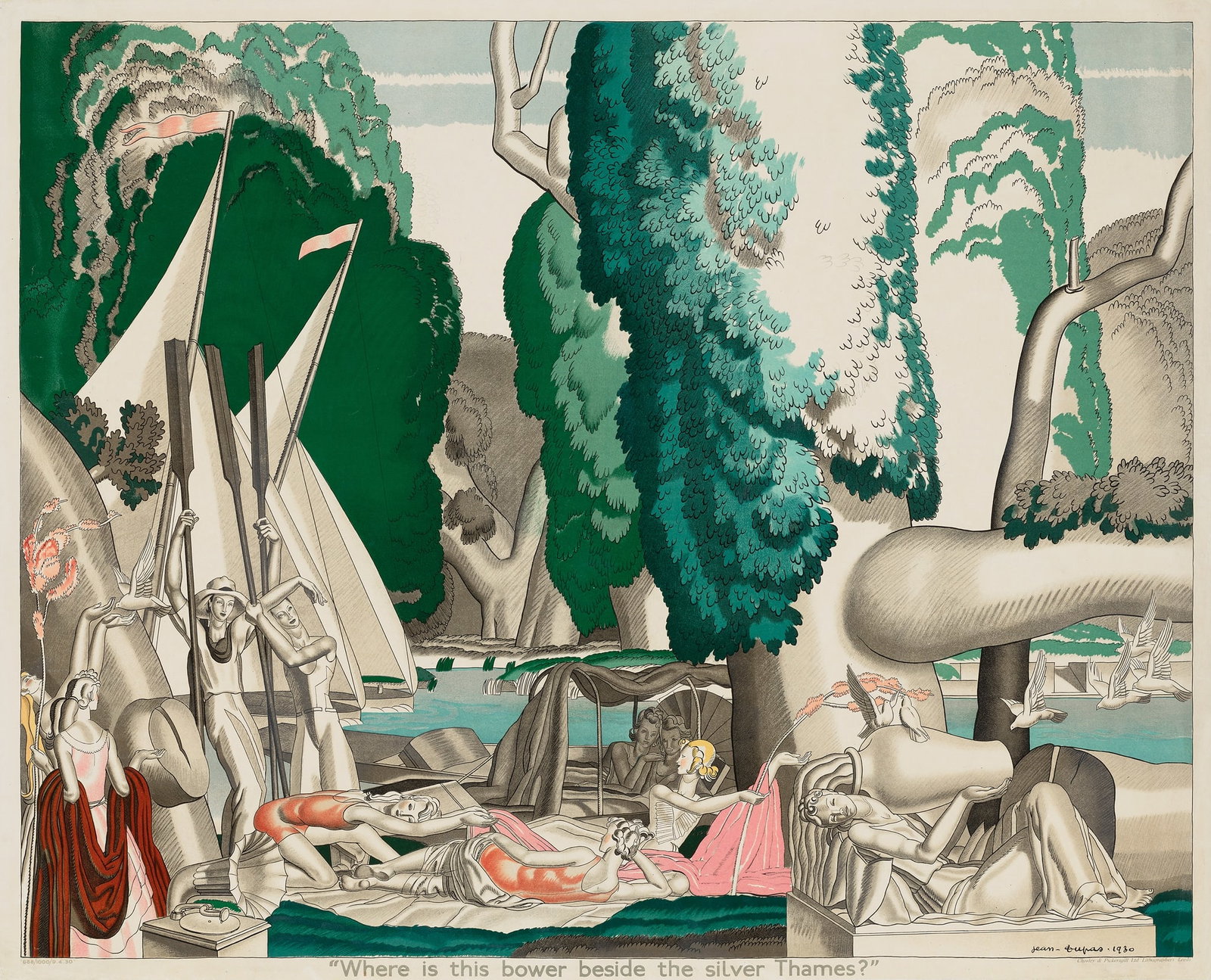 § JEAN THEODORE DUPAS (1882–1964): JEAN THEODORE DUPAS (1882–1964) WHERE IS THE BOWER BESIDE THE RIVER THAMES? 1930lithographic poster, condition A-; backed on linen 102 x 126cm Born in Bordeaux in 1882, and initially trained as 