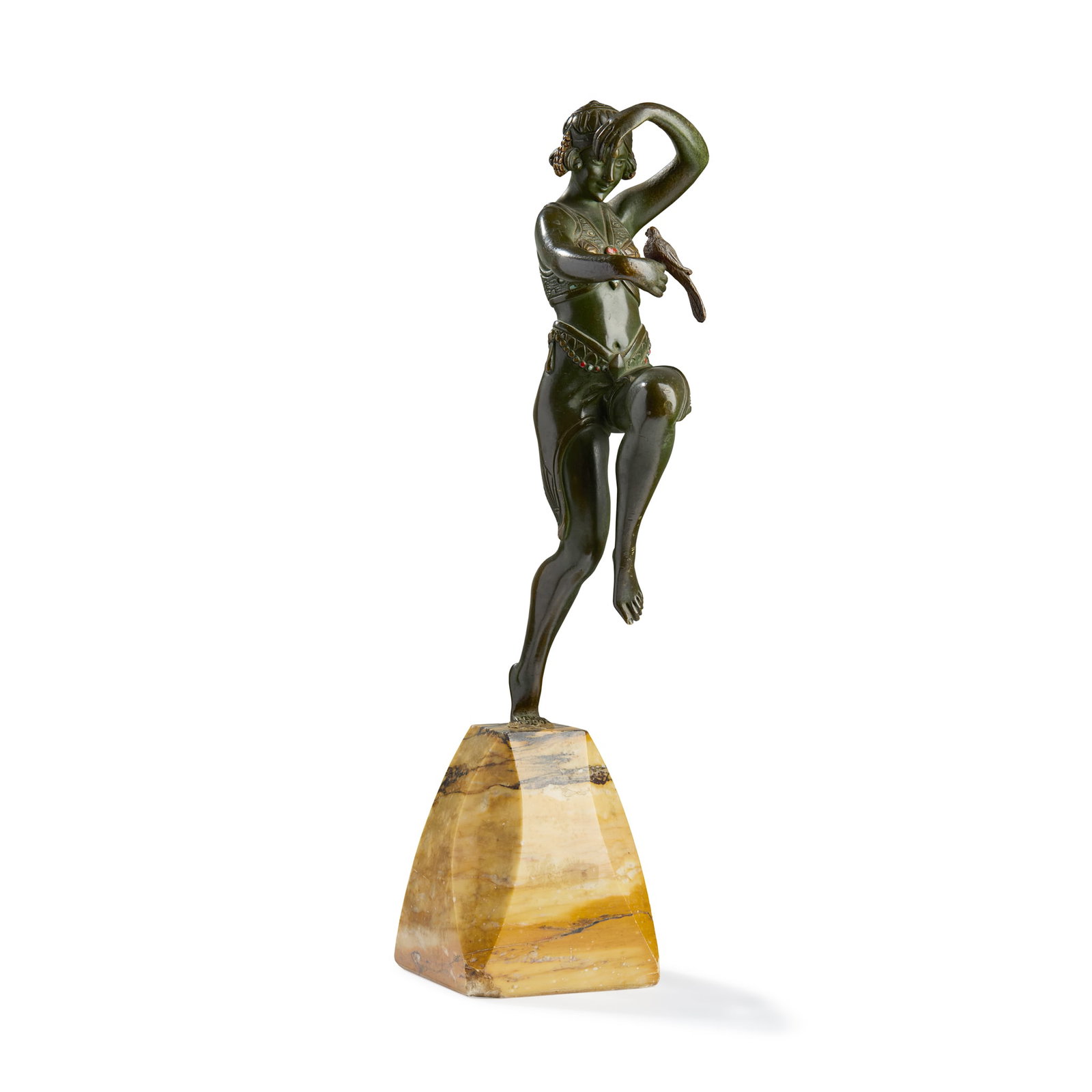 ‡ SAMUEL LIPSCHYTZ (1880-1943): SAMUEL LIPSCHYTZ (1880-1943) DANCER WITH PARROT circa 1925patinated and cold-painted bronze, marble base 37.5cm high