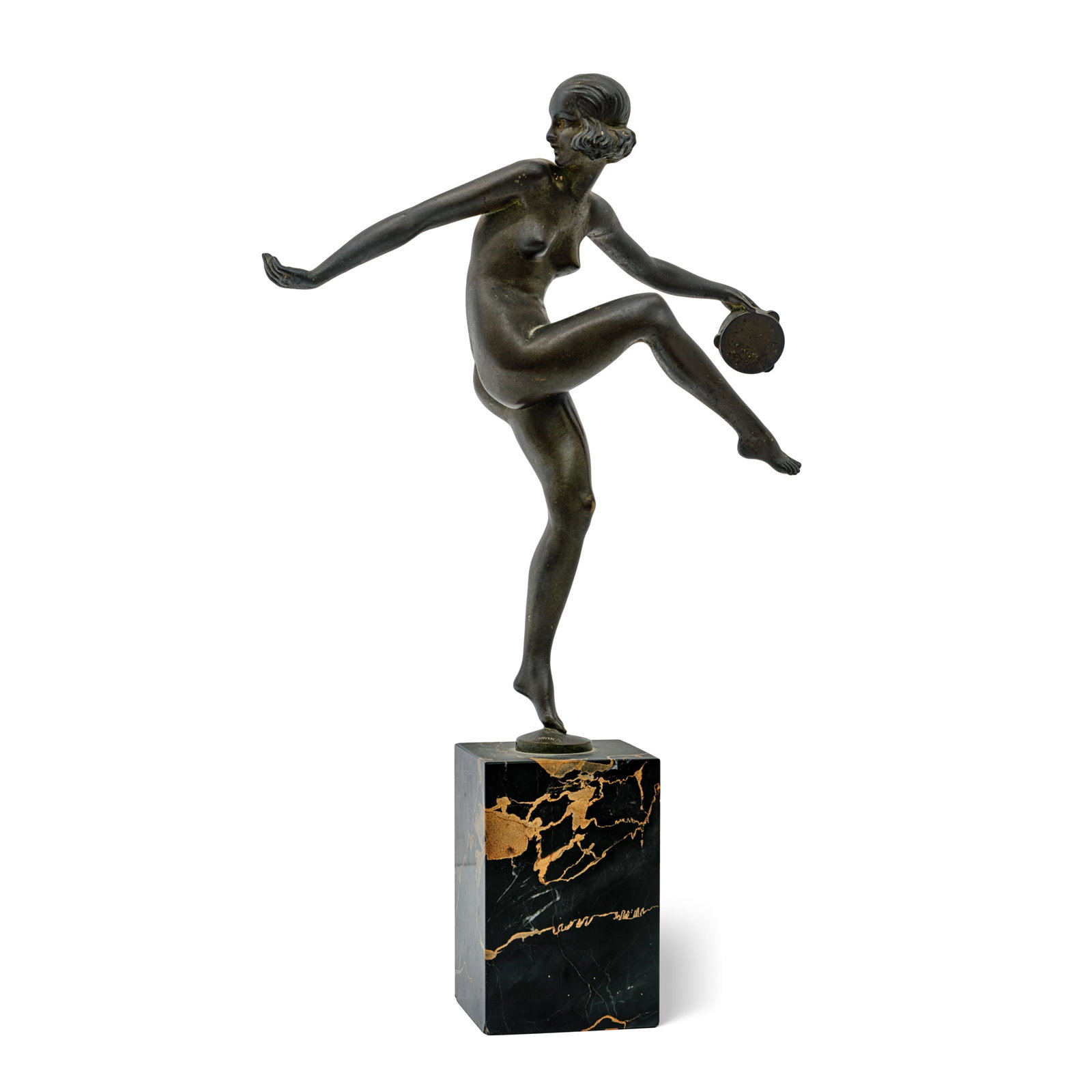 Ω PIERRE LAUREL (1892–1962): PIERRE LAUREL (1892–1962) TAMBOURINE DANCER designed circa 1925patinated bronze, marble basesigned in cast Pierre Laurel, stamped BRONZE 35cm high