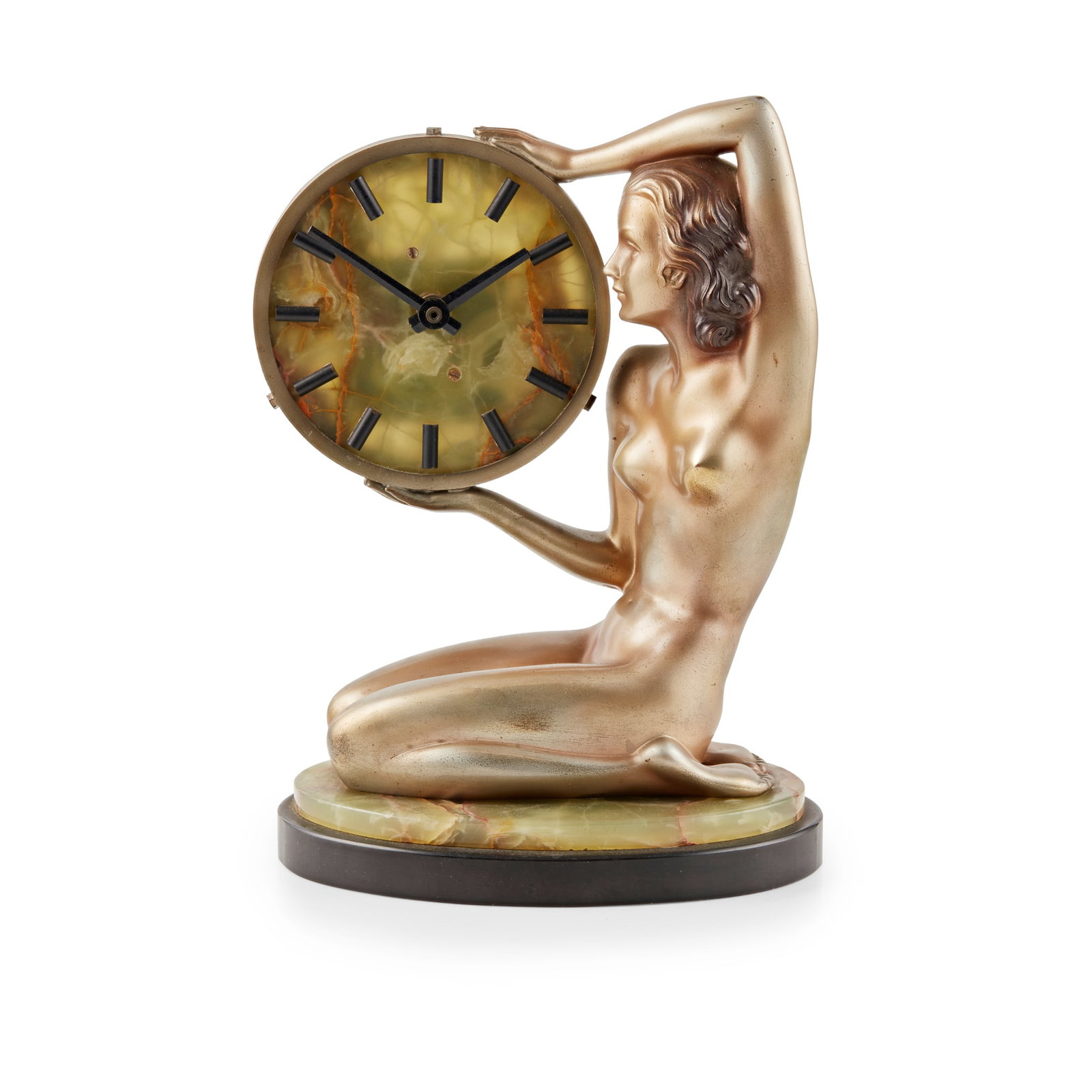 JOSEF LORENZL (1892-1950): JOSEF LORENZL (1892-1950) FIGURAL TIMEPIECE circa 1925silvered and cold-painted bronze, onyx clock face and base, with later movementsigned in cast LORENZL 30cm high overall, base 3.5cm high