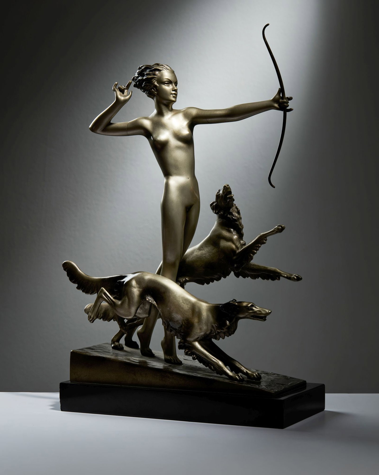 JOSEF LORENZL (1892-1950): JOSEF LORENZL (1892-1950) DIANA THE HUNTRESS circa 1925silvered and cold-painted bronze, black onyx basesigned in cast Lorenzl 45.4cm high Christie's, London, 16 December 1987, lot 115