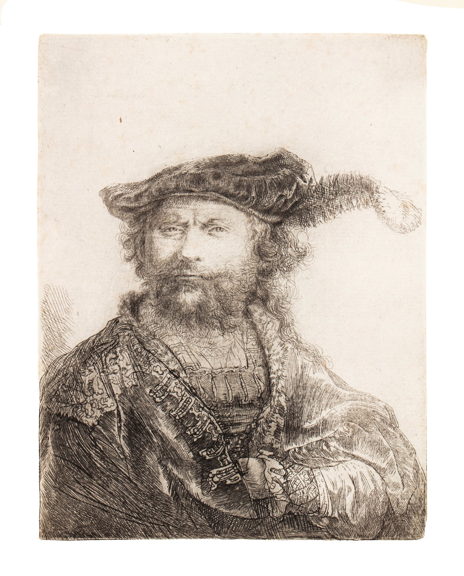 REMBRANDT HARMENSZ. VAN RIJN (DUTCH 1606-1669): REMBRANDT HARMENSZ. VAN RIJN (DUTCH 1606-1669) SELF-PORTRAIT IN A VELVET CAP WITH PLUME (B., Holl. 20; New Holl. 170) etching, 1638, a later impression of New Hollstein's third state (of four), printi