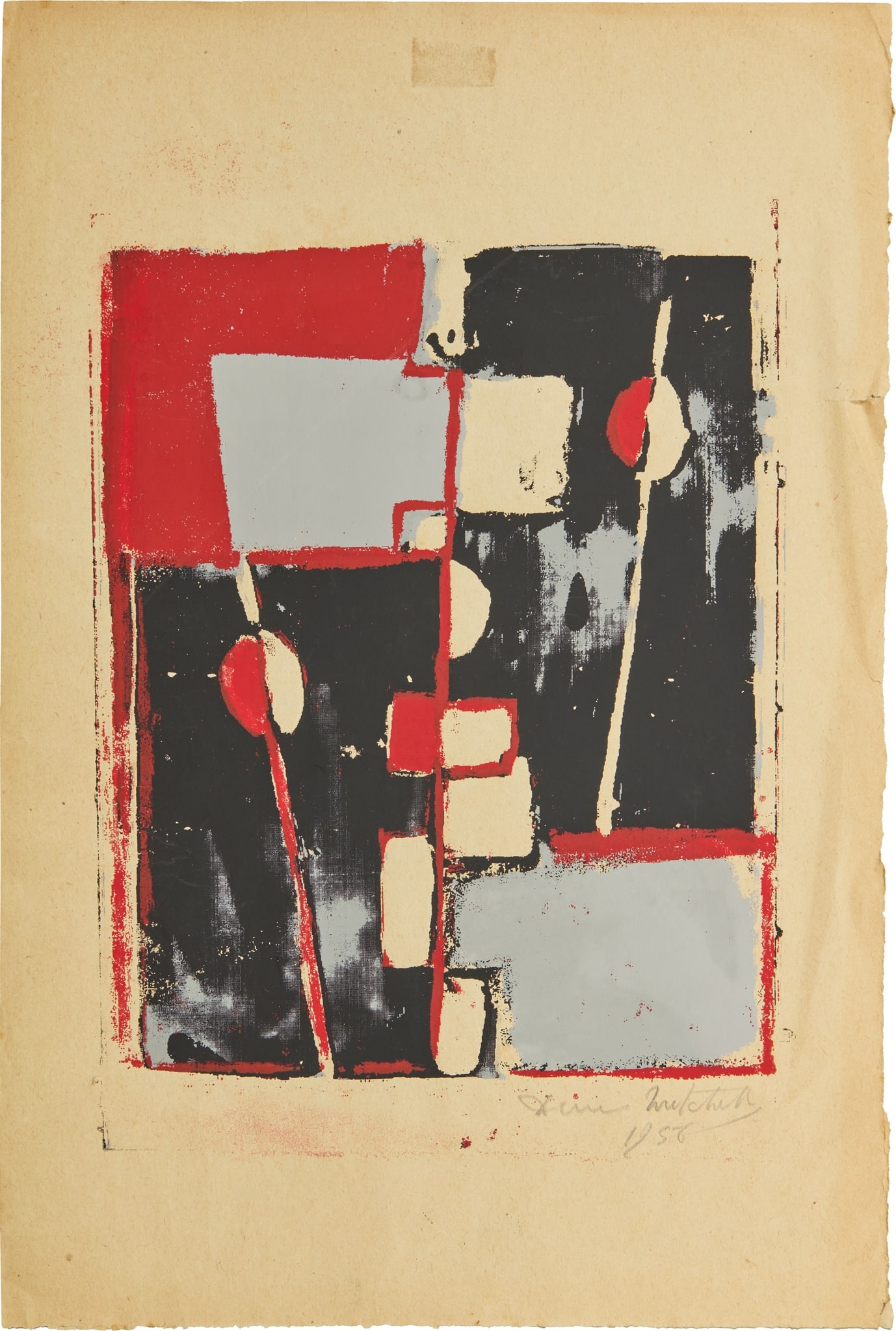 § DENIS MITCHELL (BRITISH 1912-1993): DENIS MITCHELL (BRITISH 1912-1993) CIRCLES AND SQUARES screenprint in colours, 1956, signed in pencil, dated, on buff wove paper, unframed image: 23.5cm x 20cm (9 1/4in x 8in)sheet: 37.8cm x 25.5cm (1