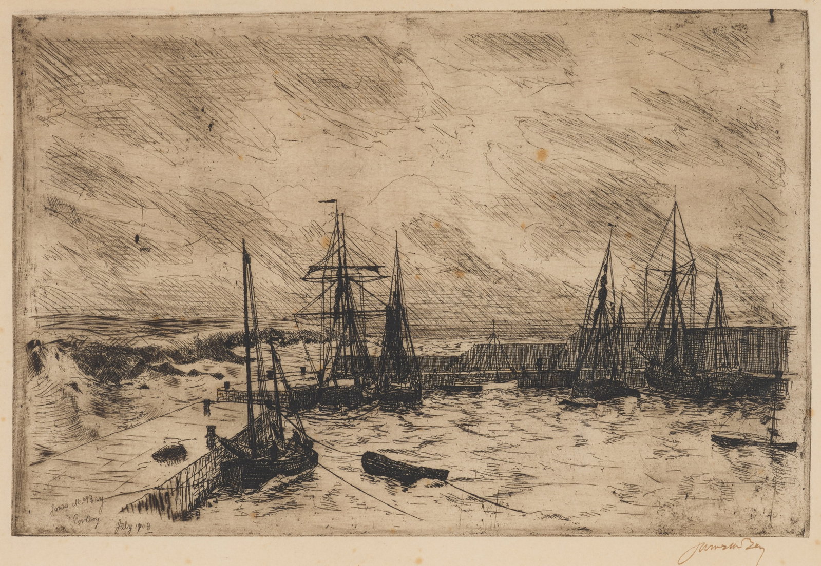 § JAMES MCBEY (BRITISH 1883-1959): JAMES MCBEY (BRITISH 1883-1959) PORTSOY HARBOUR (HARDIE 8) etching, 1903, signed in black ink, one of 21 proof impressions, on wove paper, framed plate: 15cm x 25.7cm (5 7/8in x 10 1/8in)sheet: 24.5cm