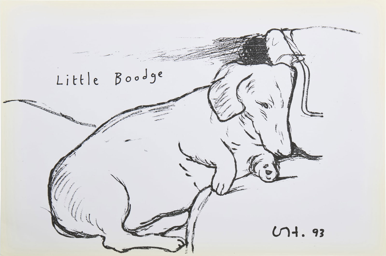 § DAVID HOCKNEY (BRITISH 1937 - 2026): DAVID HOCKNEY (BRITISH 1937 - 2026) LITTLE BOODGE offset lithograph printed in black, 1993, published by 1853 Gallery, Yorkshire, on smooth wove paper, unframed sheet: 28cm x 42cm (11in x 16 1/2in)