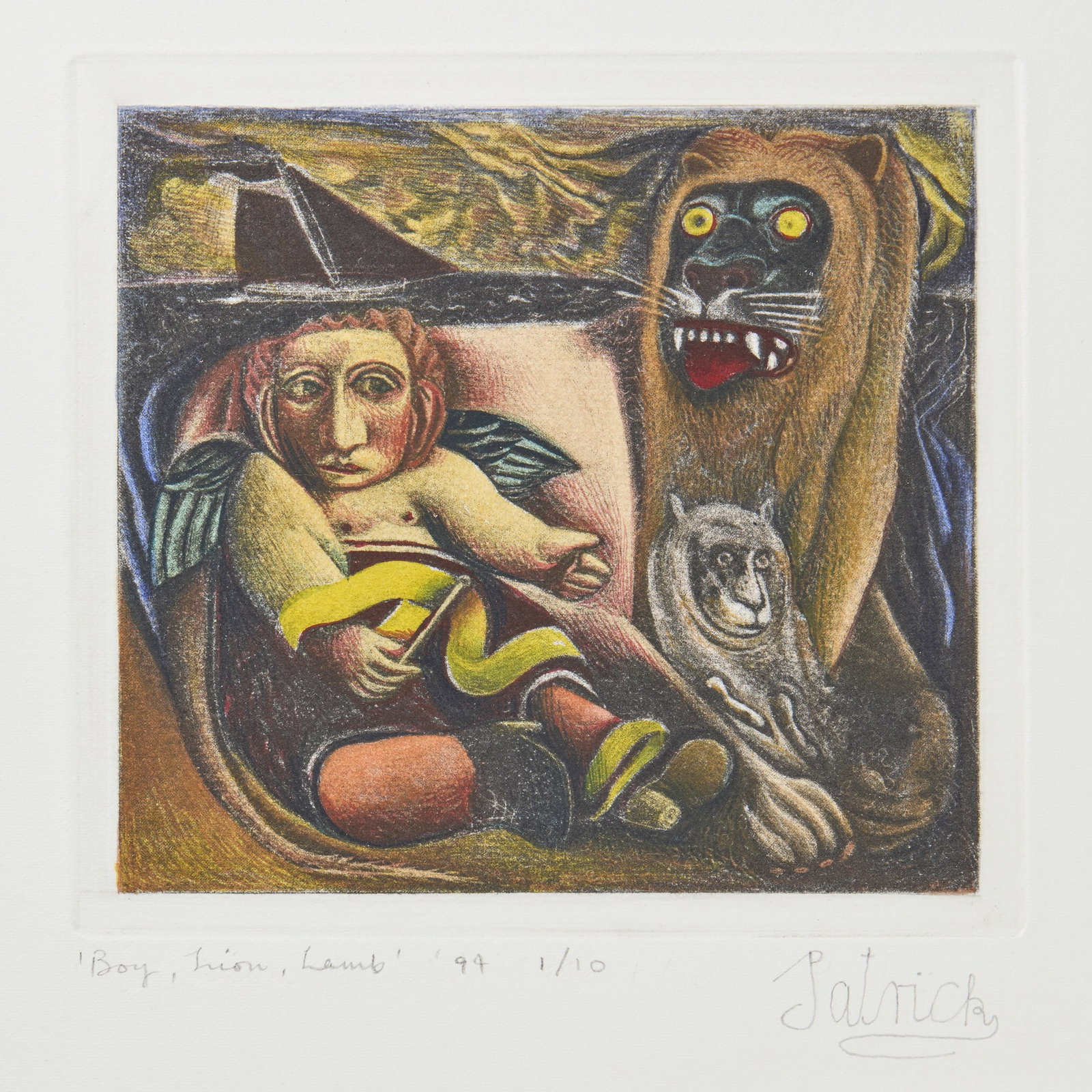 § JOHN BYRNE R.S.A. (BRITISH 1940-2023): JOHN BYRNE R.S.A. (BRITISH 1940-2023) BOY, LION, LAMB lithograph with mezzotint printed in colours with hand-colouring, 1994, signed in pencil Patrick, dated, titled, numbered 1/10, on wove paper, unf