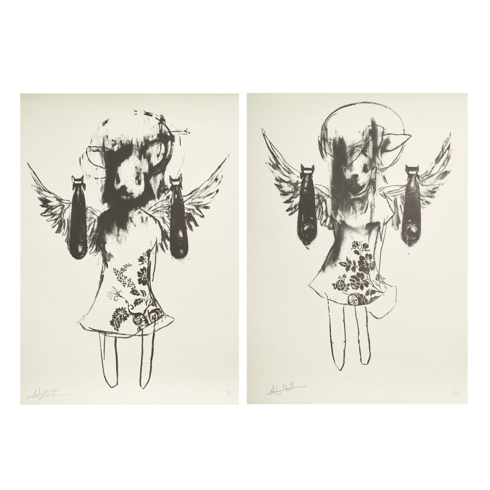 § ANTONY MICALLEF (BRITISH 1975-): ANTONY MICALLEF (BRITISH 1975-) LIGHT ANGEL BOMBER I & II two screenprints in black, 2006, each signed in pencil, numbered 105/250 and 102/250 respectively, with the publisher's blindstamp, Pictures o