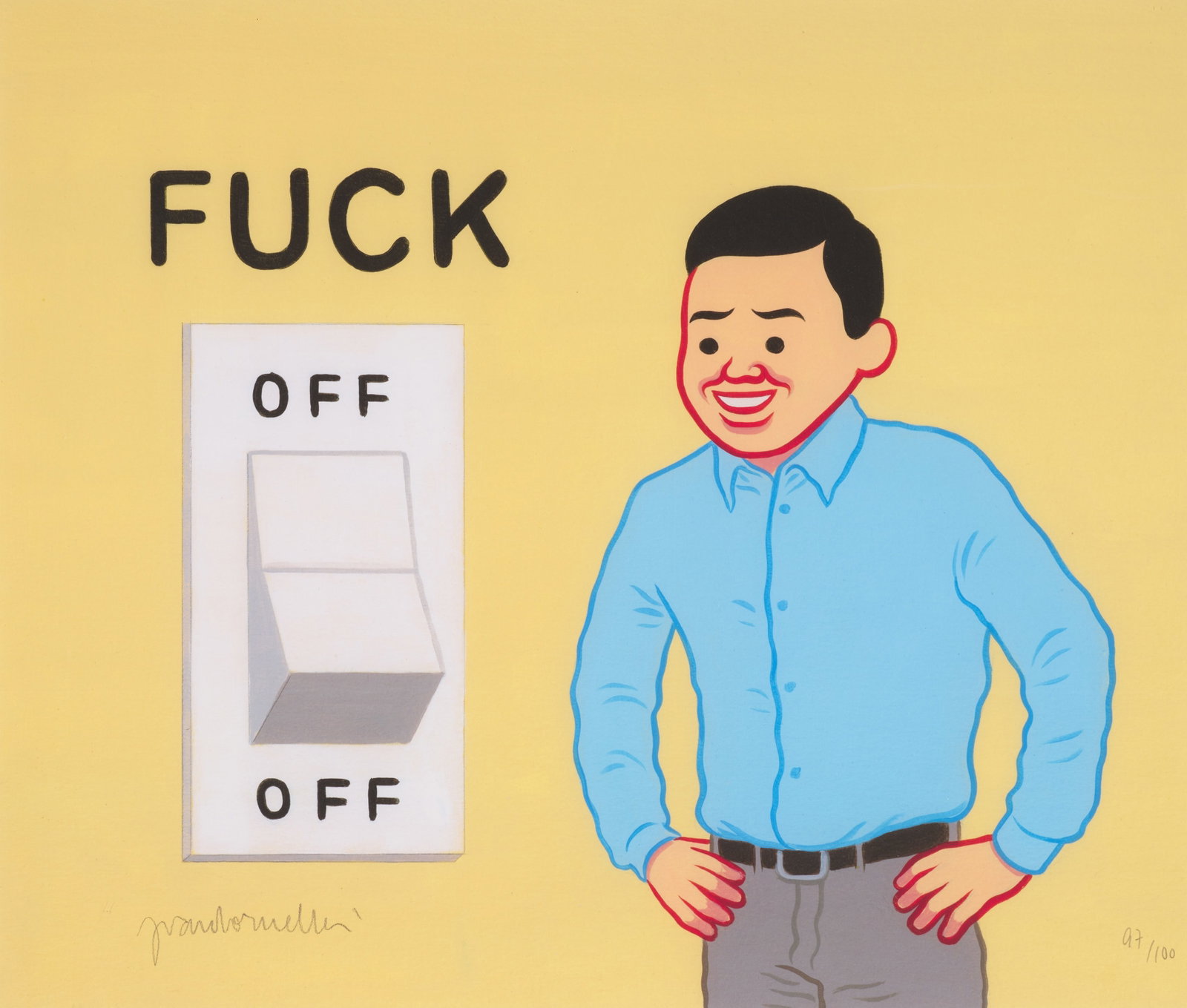 JOAN CORNELLA (SPANISH 1981-): JOAN CORNELLA (SPANISH 1981-) FUCK OFF/OFF lithograph printed in colours, 2021, signed in pencil, numbered 97/100, on wove paper, framed sheet: 50cm x 60cm (19 3/4in x 23 5/8in)
