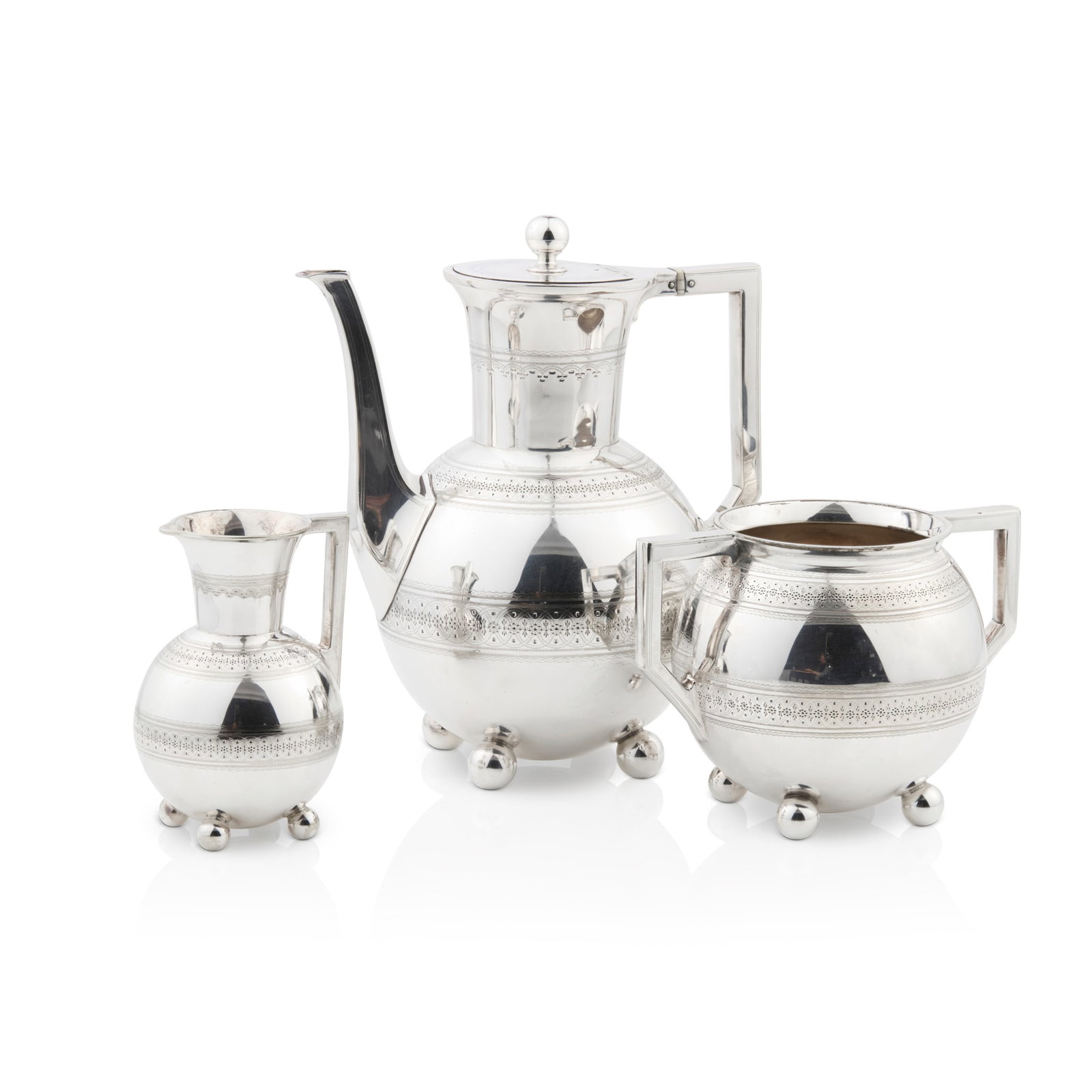 ATTRIBUTED TO CHRISTOPHER DRESSER (1834-1904) FOR JAMES DIXON & SONS: ATTRIBUTED TO CHRISTOPHER DRESSER (1834-1904) FOR JAMES DIXON & SONS COFFEE SET, CIRCA 1880 electroplated, stamped maker's marks JD&S;/ EP/ 6/ 2266/ CF comprising a COFFEE POT, 23.5cm high; a SUGAR BO