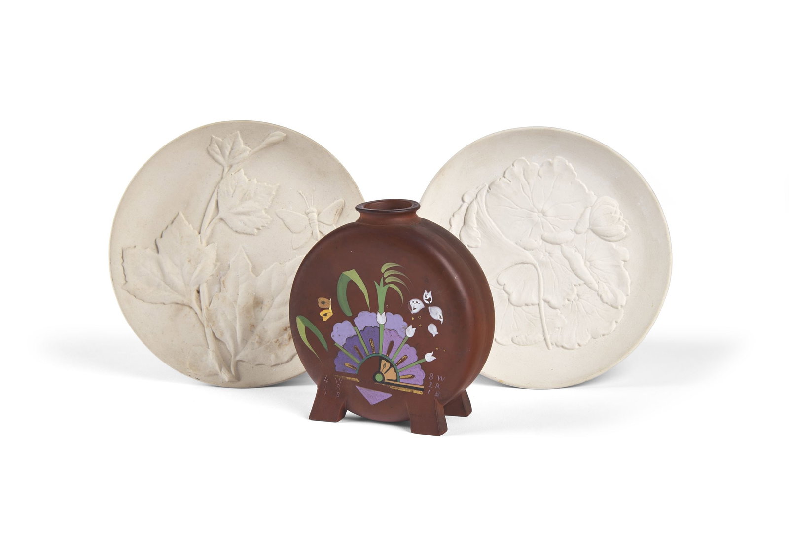 CHRISTOPHER DRESSER (1834-1904) FOR MINTON'S: CHRISTOPHER DRESSER (1834-1904) FOR MINTON'S SAMPLE MOON FLASK, CIRCA 1875 enamelled terracotta, with sample piece numerals, stamped maker's mark, 15cm high; together with a PAIR OF LINTHORPE ART POTT