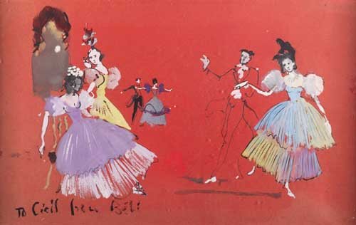 CHRISTIAN BERARD (1902-1949) . LE BAL: ROBE DE SO: CHRISTIAN BERARD (1902-1949). LE BAL: ROBE DE SOIR. ink, watercolour and bodycolour, inscribed 'To Cecil from Bebe', with further sketch verso. 32cm x 49cm Provenance: Sir Cecil Beaton, C.B.E., sold C