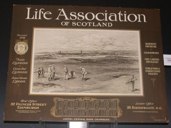 A Life Association of Scotland 1912 calendar, inco: A Life Association of Scotland 1912 calendar, incorporating a sepia reproduction after Michael Brown, "St. Andrews - High Hole (Coming Home)" 43cm x 54cm overall