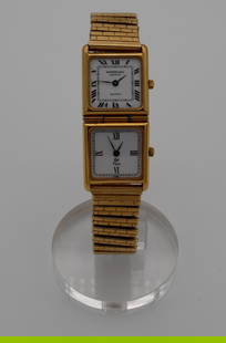 RAYMOND WEIL DUAL TIME WATCH: RAYMOND WEIL DUAL TIME WATCH TWIN, QUARTZ. New battery. Size: Case app. 20mm x 20mm each case excluding crowns. Condition: Working at the time of inspection. Please see pictures. Provenance: NYC promi