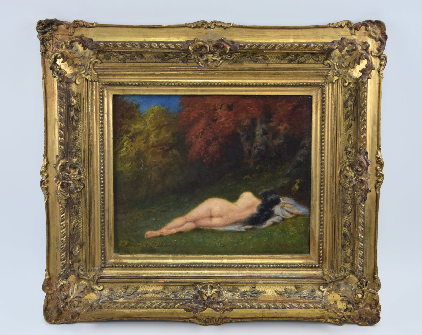 ANTIQUE OIL PAINTING BY PIERRE AUGUSTE BRUNET HOUARD, SIGNED AND DATED 1906: PIERRE AUGUSTE BRUNET HOUARD (French, 1827-1922). Untitled: Nude in Landscape. Signed Lower Left. Dated 1906. Time period Wooden frame. Size: 8 1/2 x 10 1/2 in. overall, 17 x 19 in. sight. All measure