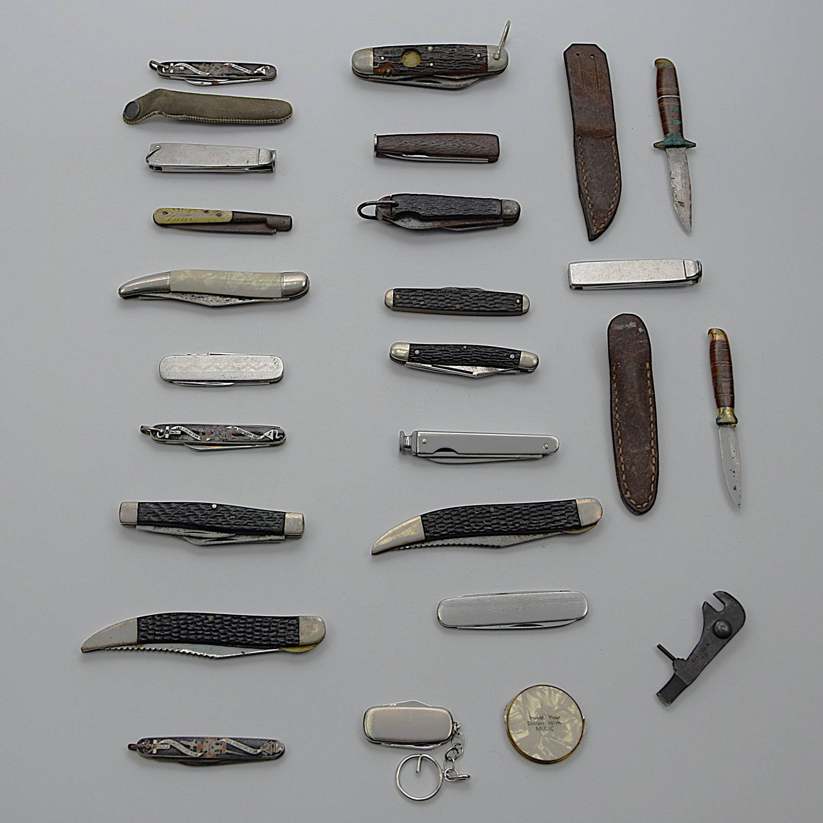 COLLECTION OF 23 ANTIQUE/VINTAGE POCKET KNIFES INCLUDING TOOL FOR US ARMY 4570 SPRINGFIELD RIFLE: COLLECTION OF 23 ANTIQUE/VINTAGE POCKET KNIFES INCLUDING US MODEL 1879 SPRINGFIELD COMBINATION TOOL FOR USE WITH THE .45-70 TRAPDOOR SPRINGFIELD RIFLE & CARABINE. Size: various, 5 in when closed, the 