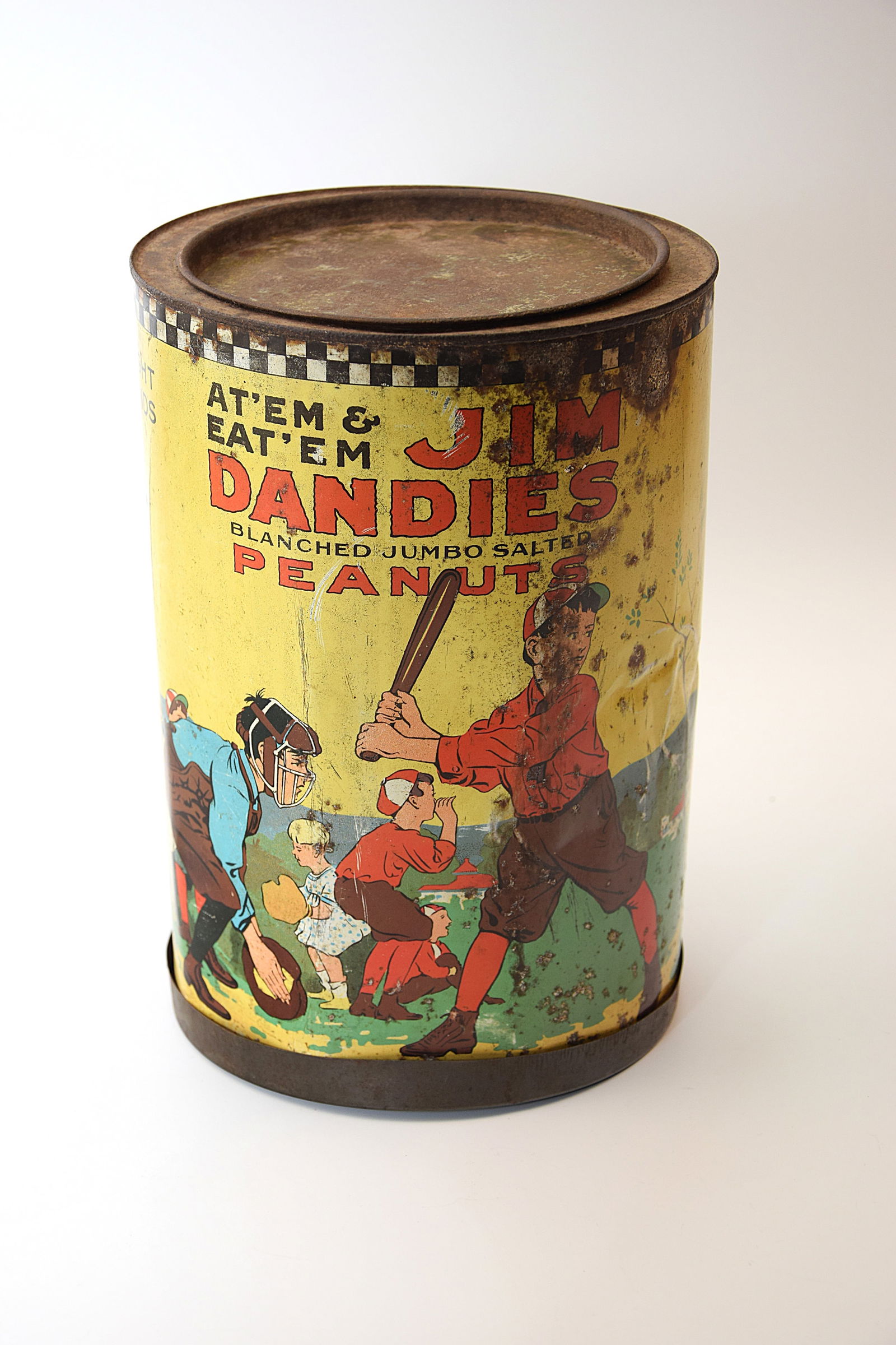 JIM DANDIES LARGE BASEBALL PEANUT TIN C. 1920s (1 of 5)