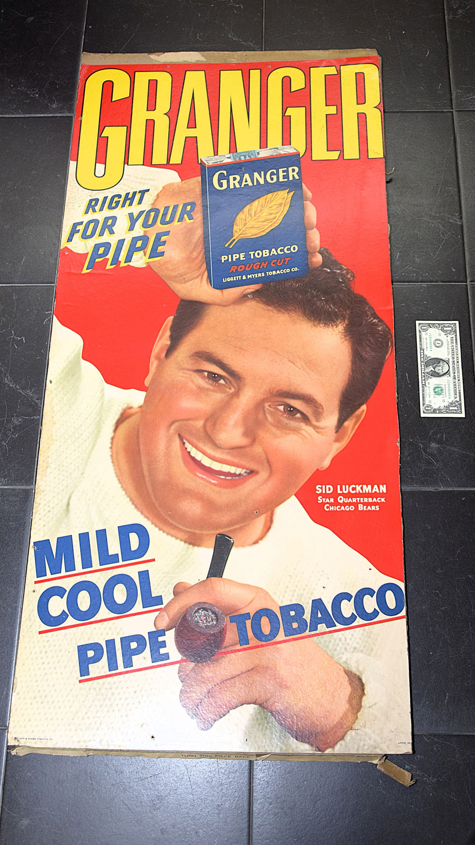 FOOTBALL HALL OF FAME SID LUCKMAN GRANGER PIPE TOBACCO CARDBOARD ADVERTISING SIGN (1 of 3)