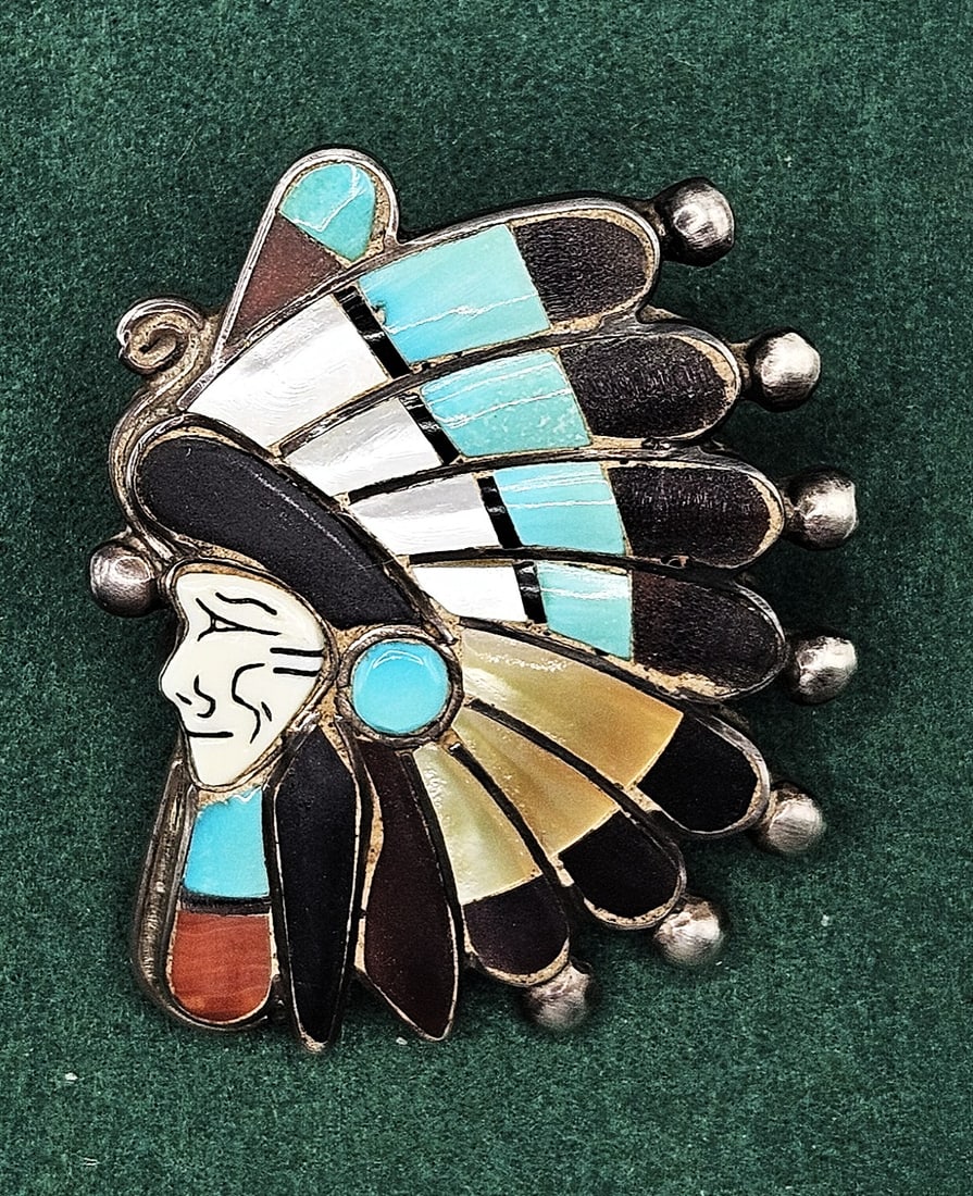 RALPH QUAM ZUNI INDIAN CHIEF WITH HEADDRESS STERLINGN INLAY BOLO TIE, SIGHNED (1 of 5)