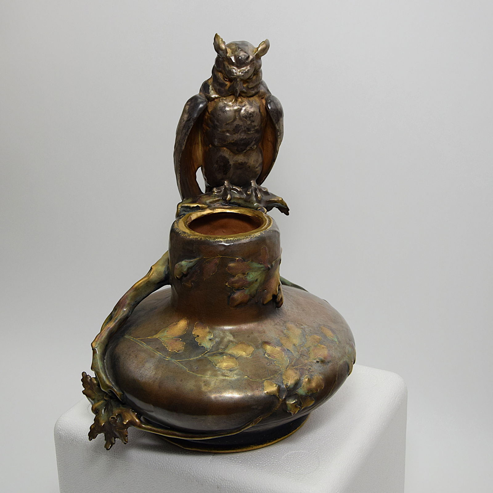 ART NOUVEAU AMPHORA CERAMIC OWL VASE: ART NOUVEAU AMPHORA CERAMIC OWL VASE. C. 1900, Bohemia. This Art Nouveau ceramic vase was produced around 1900 by the Amphora Factory located in Turn-Teplitz (Austria), the factory was run by Riessner