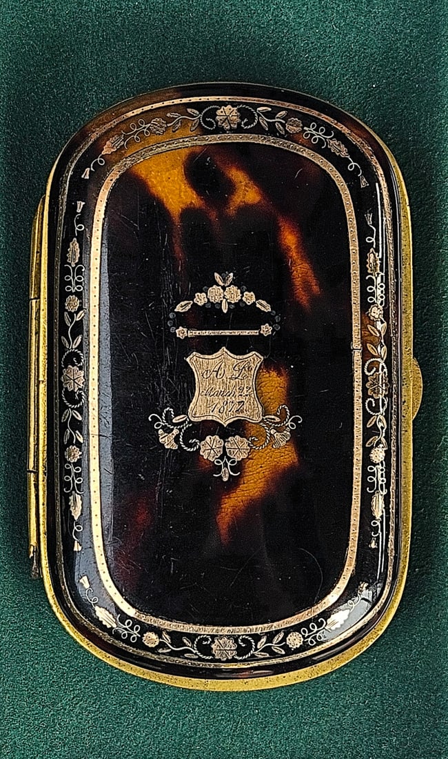 ANTIQUE VICTORIAN/NAPOLEON III PERIOD FAUX TORTOISE SHELL COIN PURSE, DATED 1877 (1 of 4)