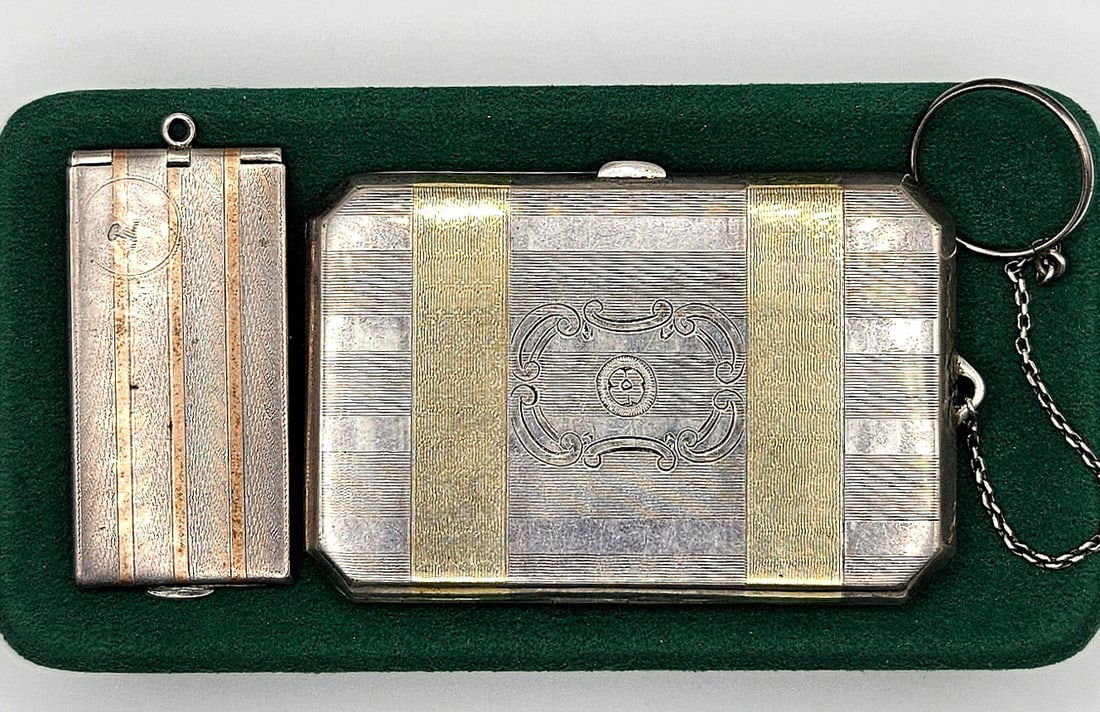 ANTIQUE STERLING SILVER  & 14K INLAY GOLD WALLET/CIGARETTE CASE AND ART DECO STERLING SILVER VESTA (1 of 10)