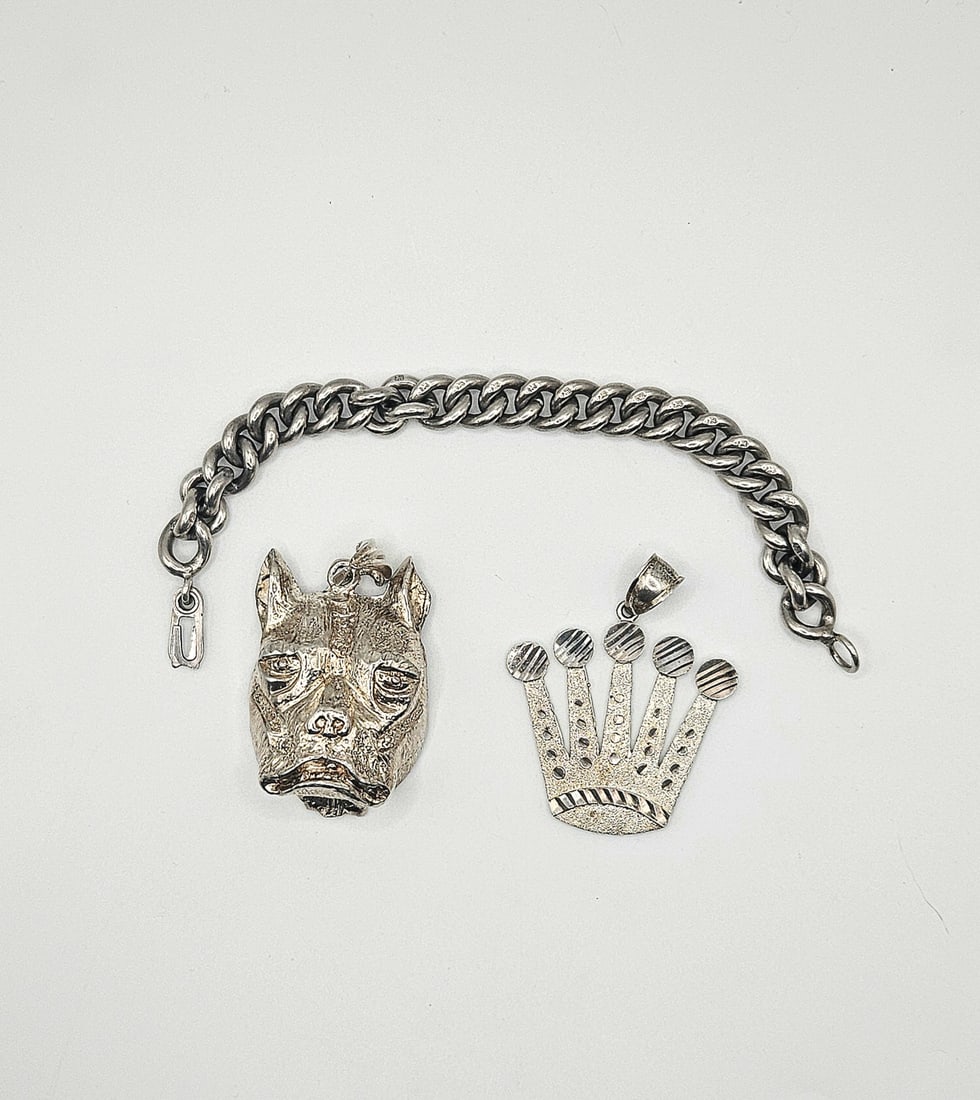 LOT OF 3 STERLING SILVER DOG AND CROWN PENDANTS & CURB LINK BRACELET (1 of 2)