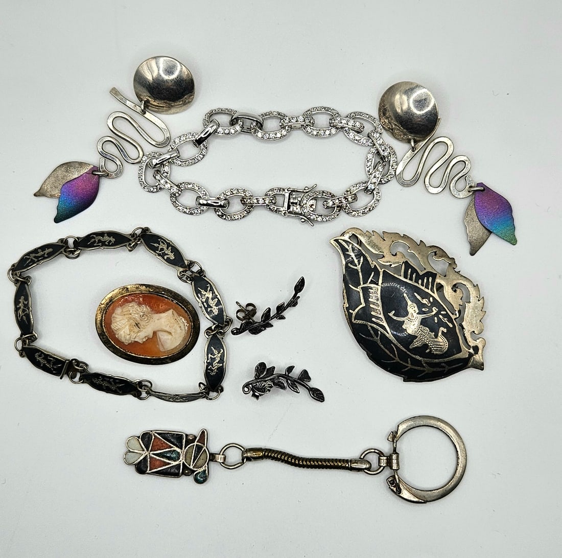 LOT OF 7 STERLING SILVER JEWERLY: EARINGS, BRACELETS, CAMEO & KEY CHAIN (1 of 19)