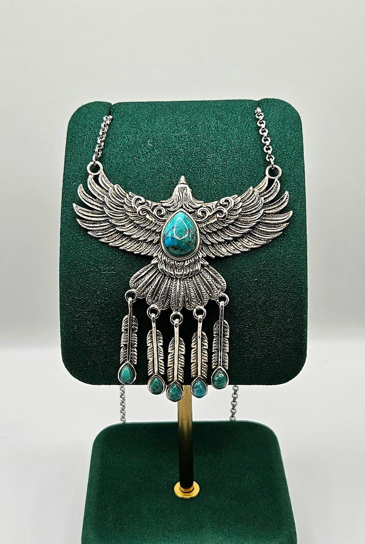 NATIVE AMERICAN SIGNED STERLING SILVER EAGLE NECKLACE WITH TURQUOISES (1 of 5)