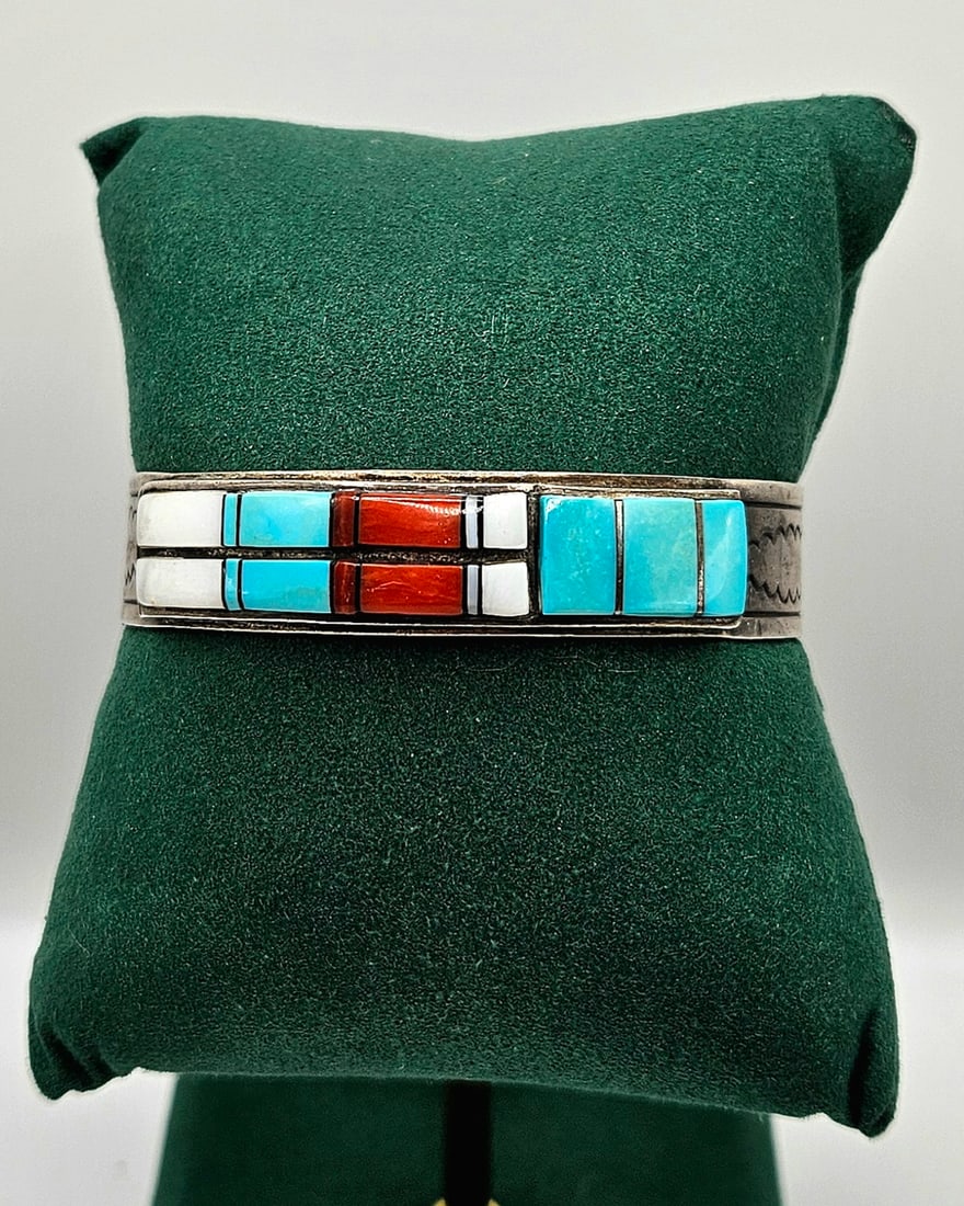 NATIVE AMERICAN ZUNI SIGNED STERLING SILVER BRACELET WITH RASED CHANNEL MULTI STONES (1 of 6)