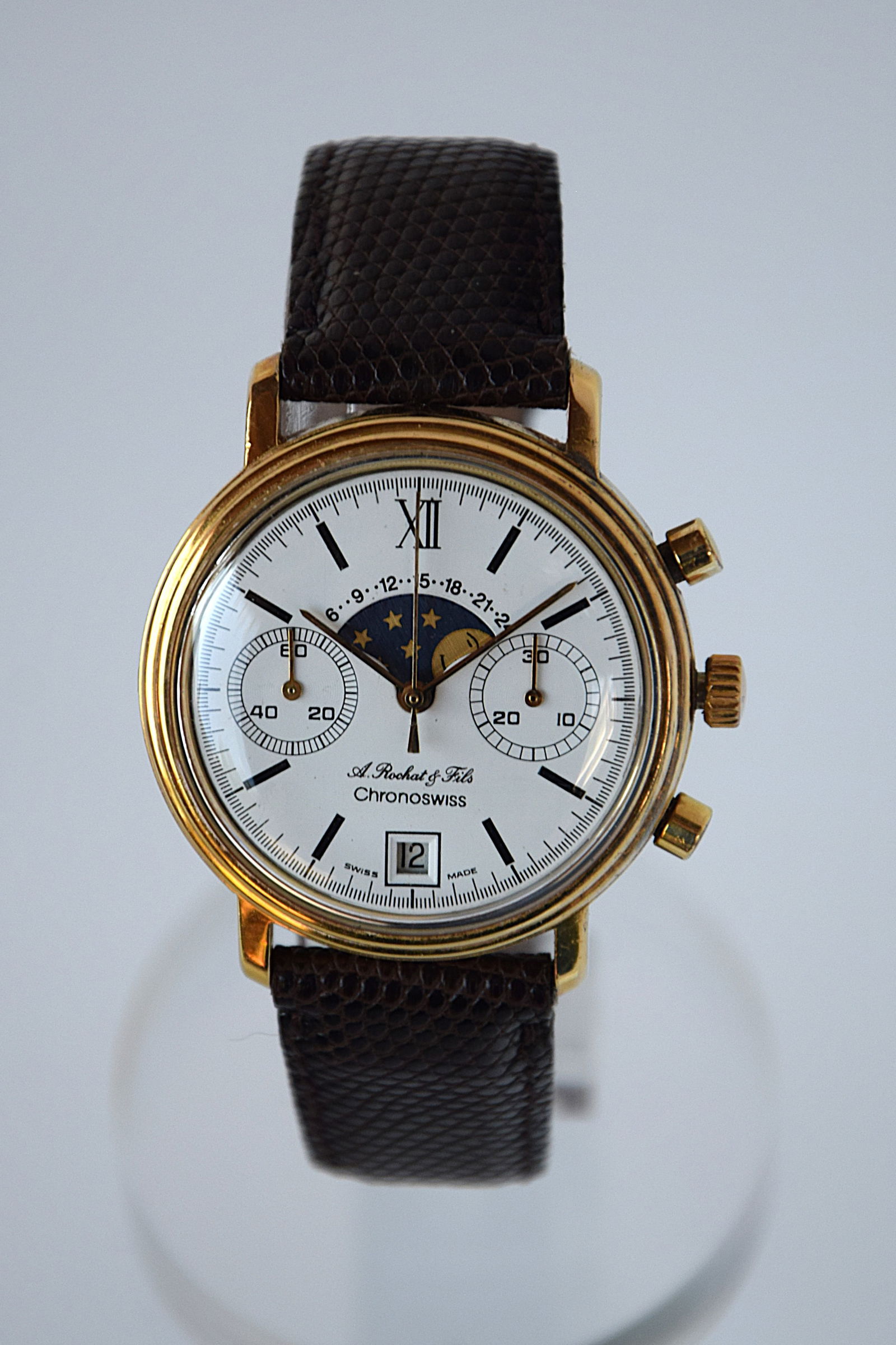A. ROCHAT & FILS CHRONOGRAPH MOONFACE MANUAL SWISS WRIST WATCH, 17 JEWELS C.1980 (1 of 7)