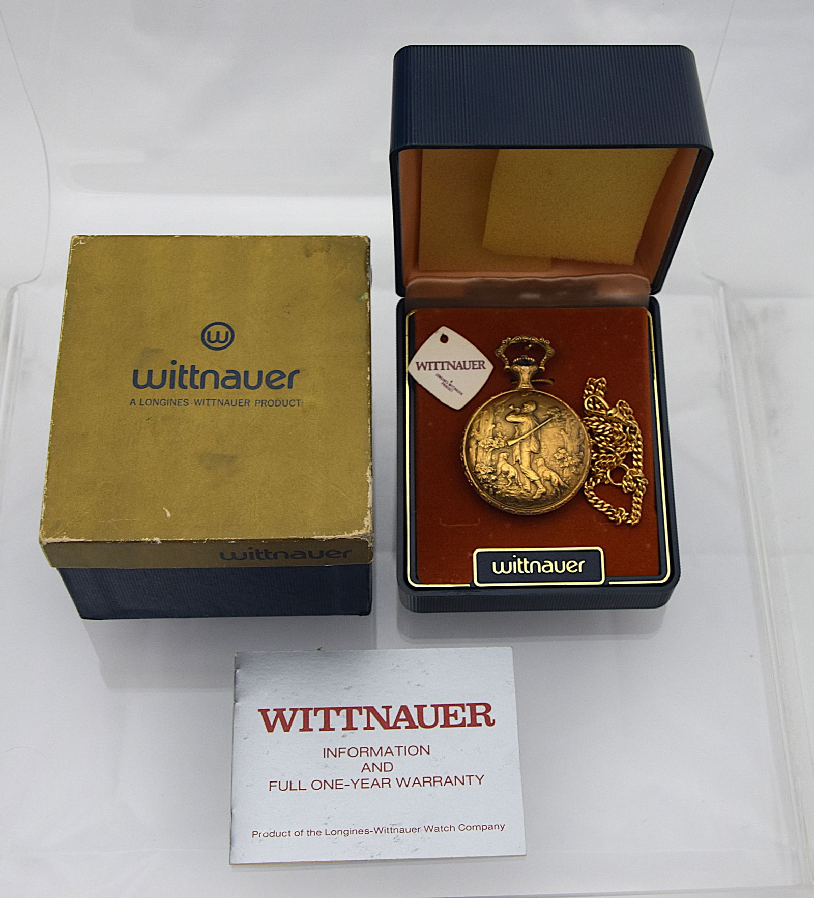 WITTNAUER SWISS MECHANICAL POCKET WATCH, 17 JEWELS, NEW WITH BOX, PAPERS  & CHAIN; C.1980 (1 of 6)