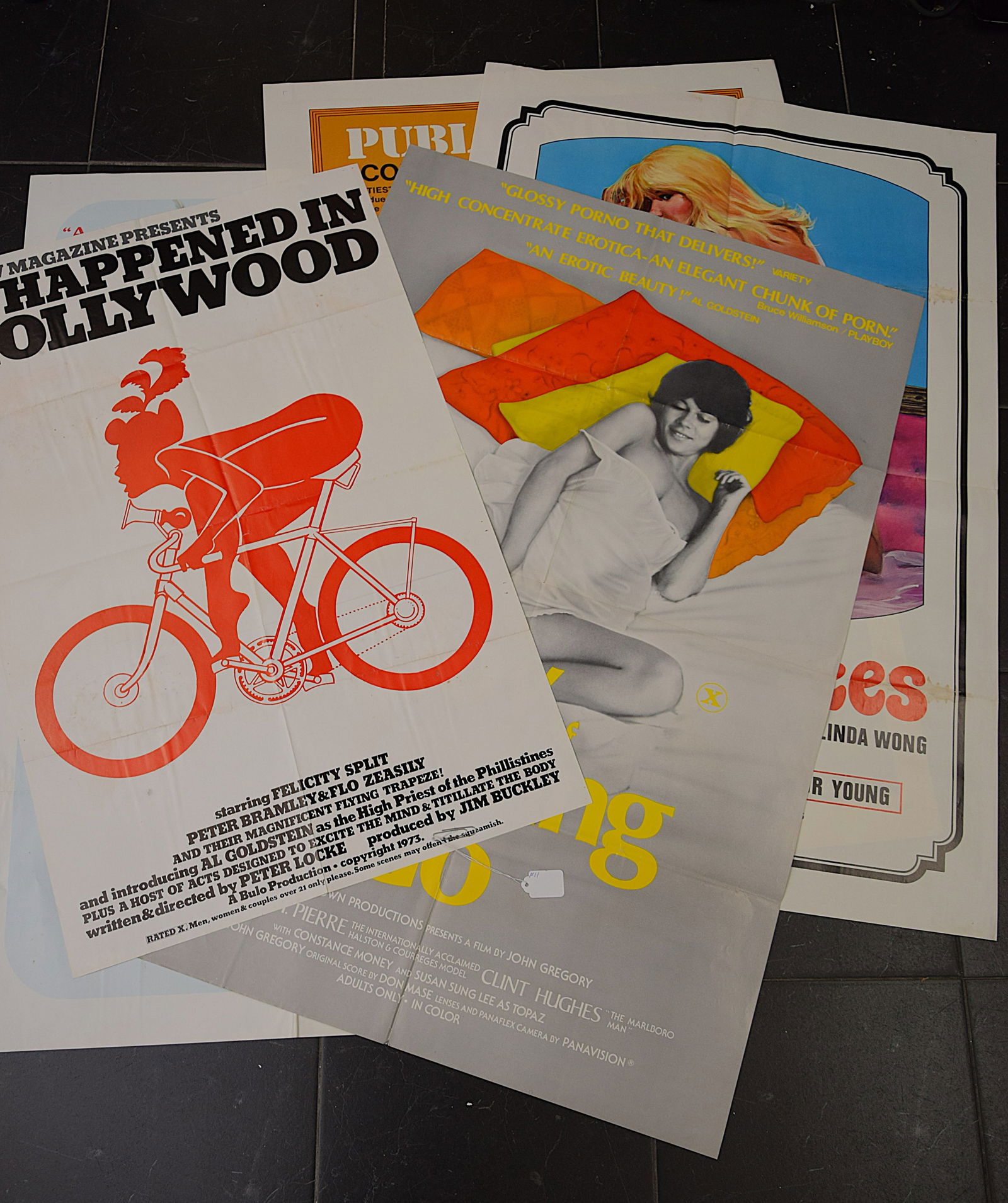 ADULT THEMED MOVIE POSTERS, LOT OF 5: ADULT THEMED MOVIE POSTERS, LOT OF 5. FOLDED (NOW LAYS FLAT) Size: 1,2,3,4,5 - 27 X 41 in. All measurements are approximate. Condition: All have fold creases and some wear by the edges. Some small hol