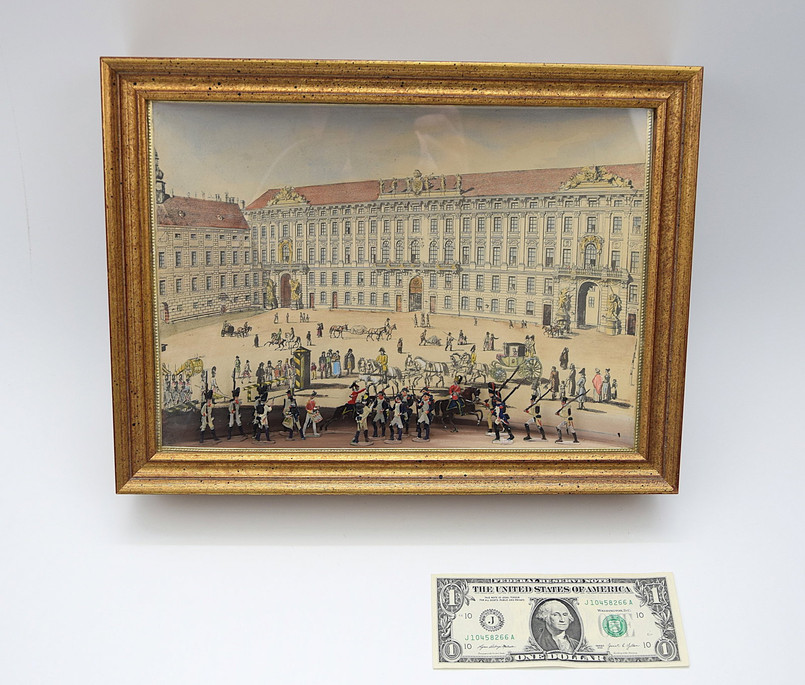 DIORAMA OF THE HOFBURG PALACE WITH HAND-PAINTED SOLDERS DUIRING A MILITARY PARADE: DIORAMA OF THE HOFBURG PALACE WITH HAND-PAINTED SOLDERS DUIRING A MILITARY PARADE. Size: 14 x 10 1/2 in. overall. All measurements are approximate. Condition: Please see pictures. In House Shipping Av
