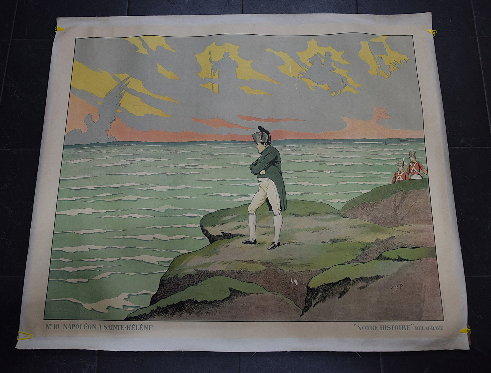 ANTIQUE EDUCATIONAL POSTER TITLED "N 10 Napoleon a Sainte-Helene" C.1931: ANTIQUE EDUCATIONAL POSTER TITLED "N 10 Napoleon a Sainte-Helene" C.1931. ILLUSTRATED BY JOB, THE PSEUDONIM OF THE FAMOUS FRENCH ARTIST JACQUES ONFRAY DE BREVILLE (1858-1931), WHO WAS RENONED FOR HIS 