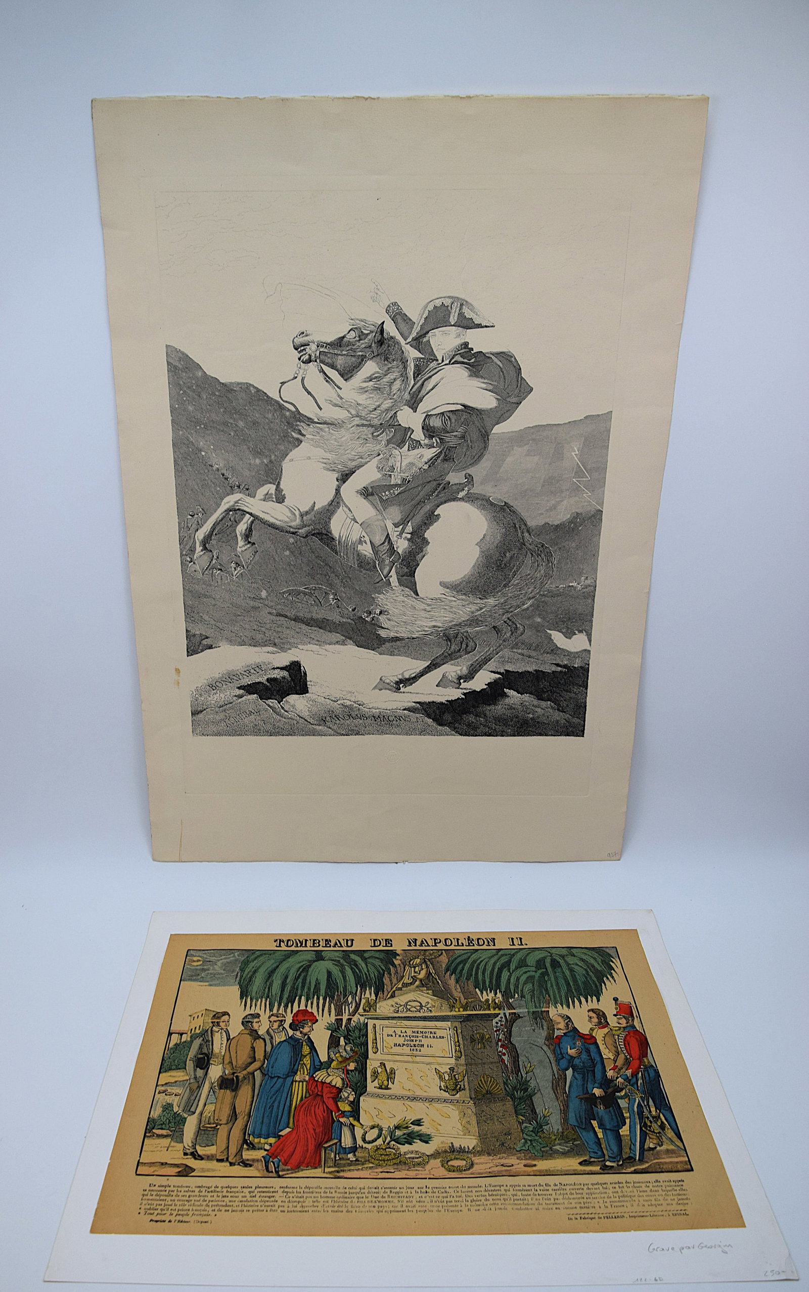 LOT OF 2 ANTIQUE MILITARY/HISTORICAL ENGRAVINGS/PRINT/LITHOGRAPHS NAPOLEONIC ERA 19th CENTURY.: LOT OF 2 ANTIQUE MILITARY/HISTORICAL ENGRAVINGS/PRINT/LITHOGRAPHS NAPOLEONIC ERA 19th CENTURY. Size: 31 x 20 1/2 AND 23 x 18 in., overall . All measurements are approximate. Condition: Please see pict