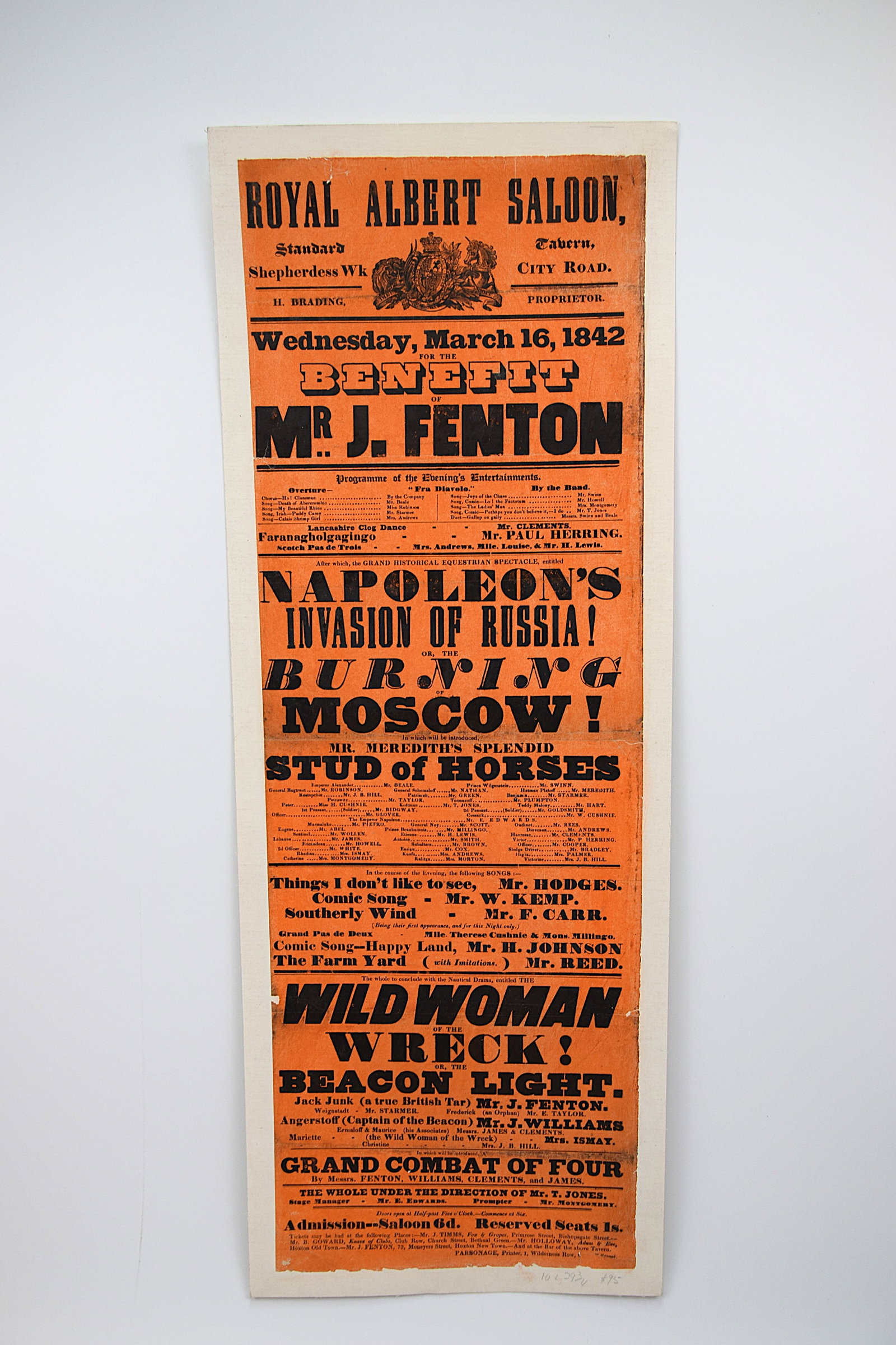 ANTIQUE HISTORIC PLAYBILL FROM ROYAL ALBERT SALOON, DATED WEDNESEDAY, MARCH 16,1842 (1 of 6)