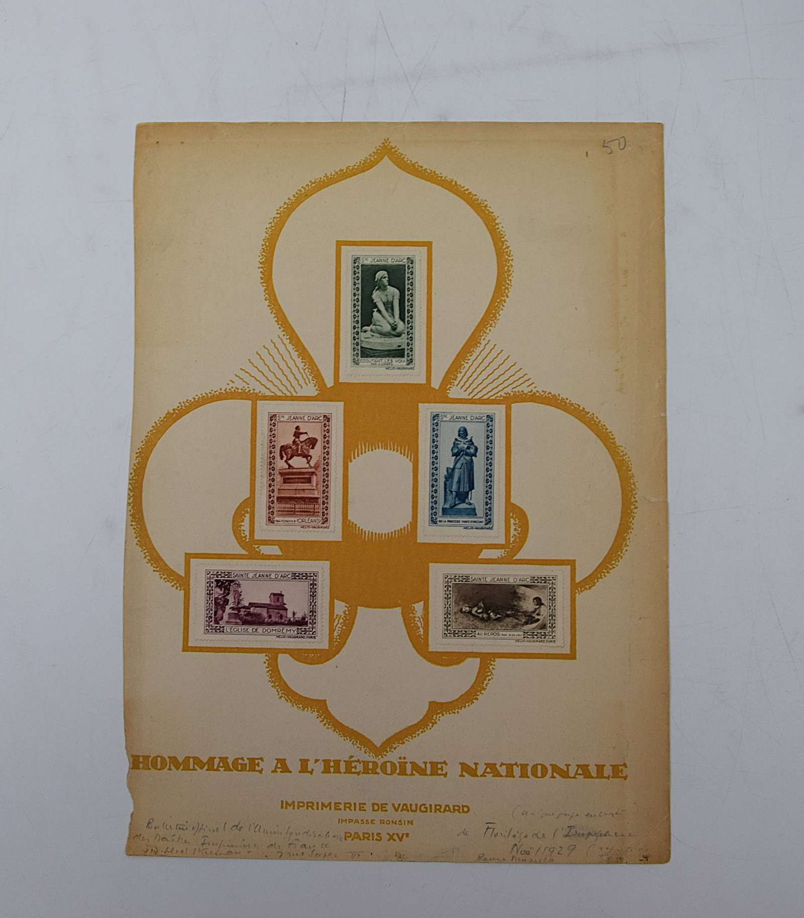 VINTAGE PHILATELIC SOUVENIR CARD FROM FRANCE, TITLED "Hommage a l'Heroine Nationale", MID-20th (1 of 4)