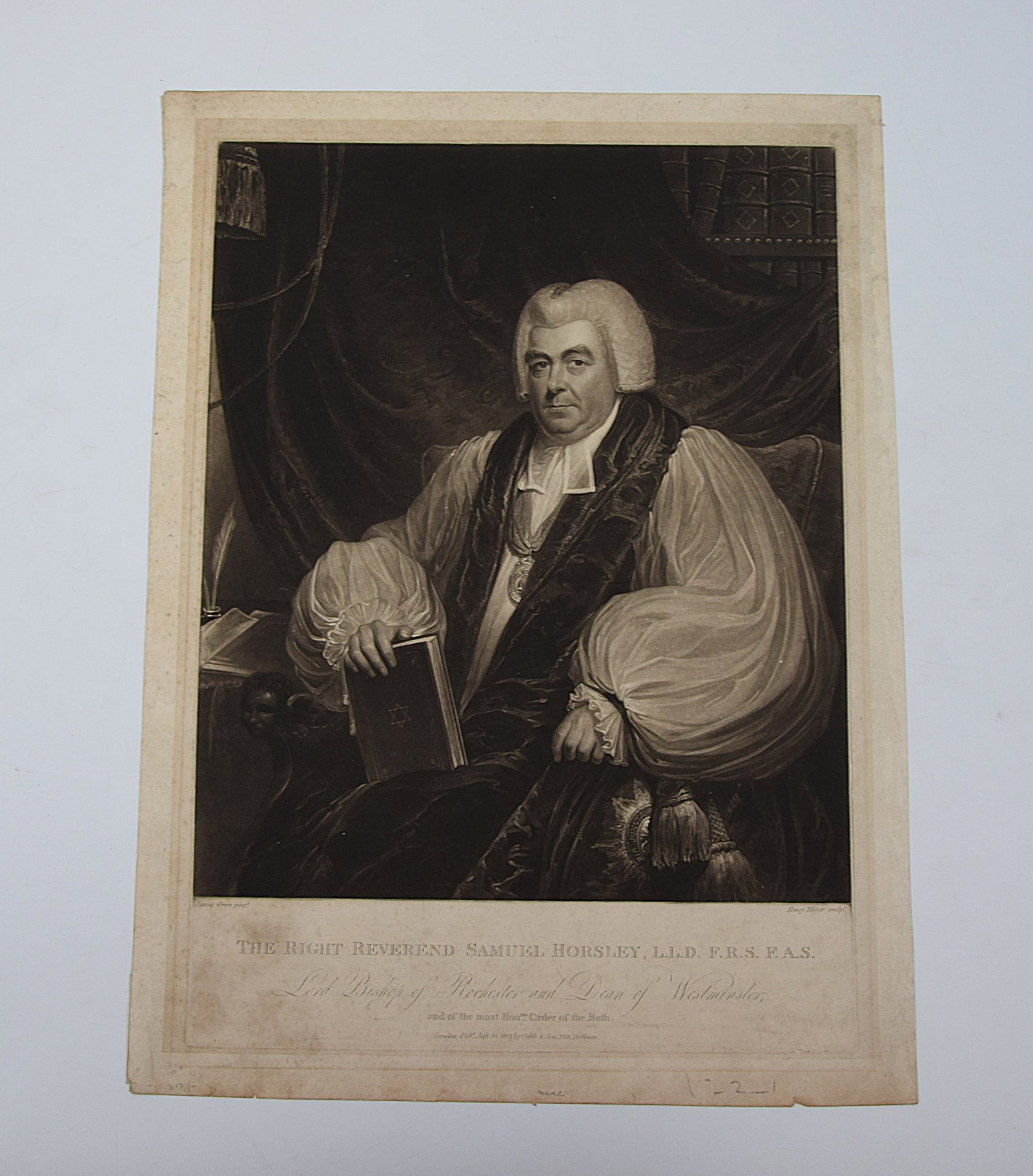 1813 ENGRAVING PORTRAIT OF SAMUEL HORSLEY, LORD BISHOP OF ROCHESTER: A FINE BLACK AND WHITE ENGRAVED PORTRAIT OF THE RIGHT REVEREND SAMUEL HORSLEY (1733–1806), L.L.D., F.R.S., F.A.S., DEPICTED SEATED IN ECCLESIASTICAL ROBES HOLDING A BOOK, IDENTIFIED AS LORD BISHOP O