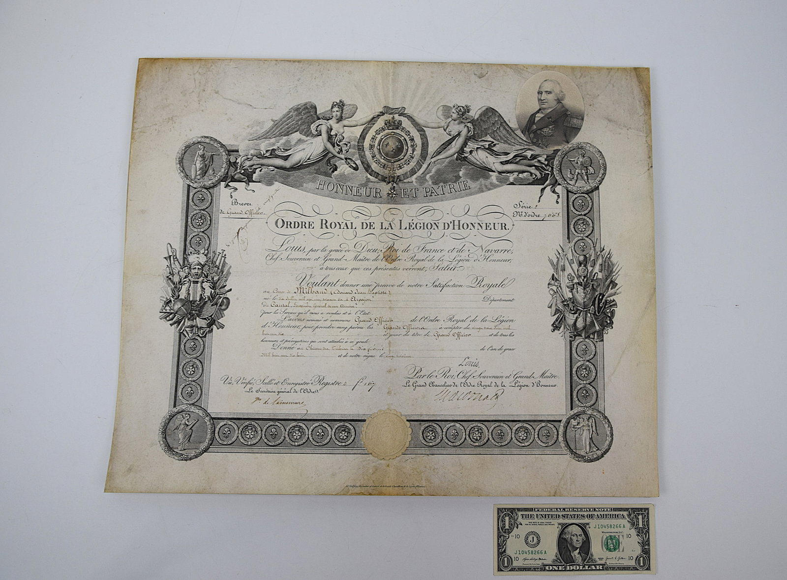 A FRENCH ROYAL LEGION OF HONOR DOCUMENT, 19TH CENTURY (1 of 7)