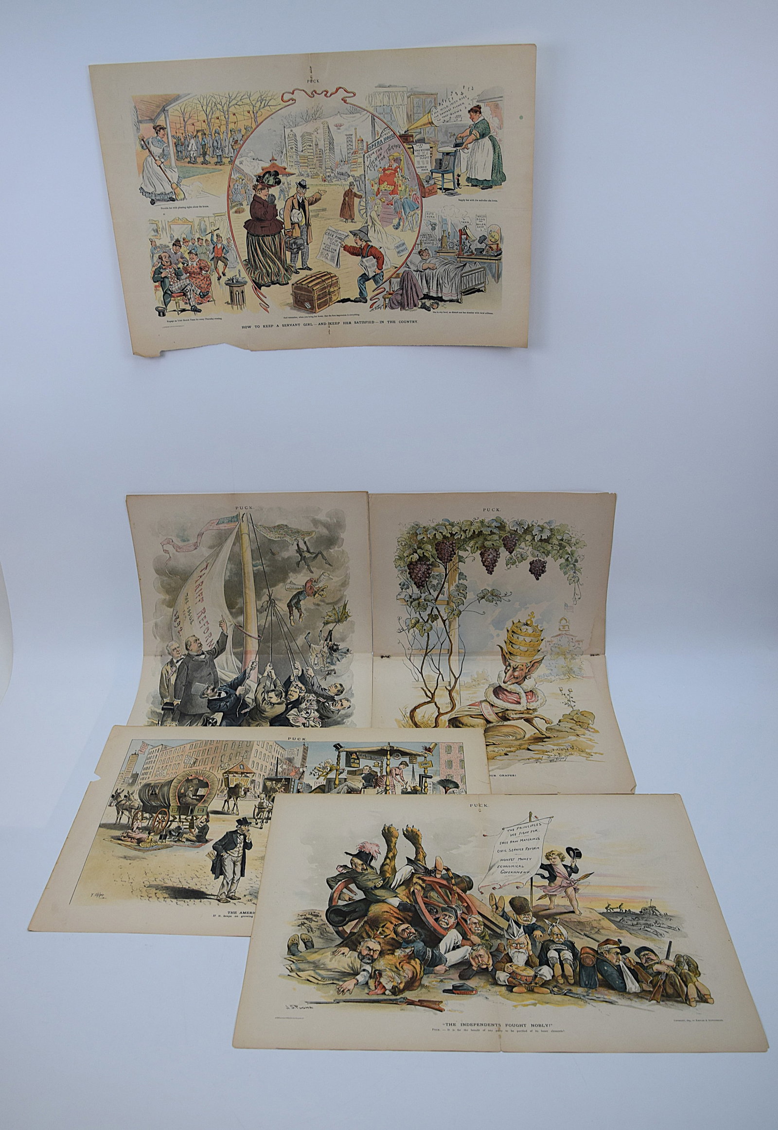 COLLECTION OF FIVE AMERICAN PUCK MAGAZINE POLITICAL AND SOCIAL SATIRICAL CHROMOLITHOGRAPHS (1 of 20)