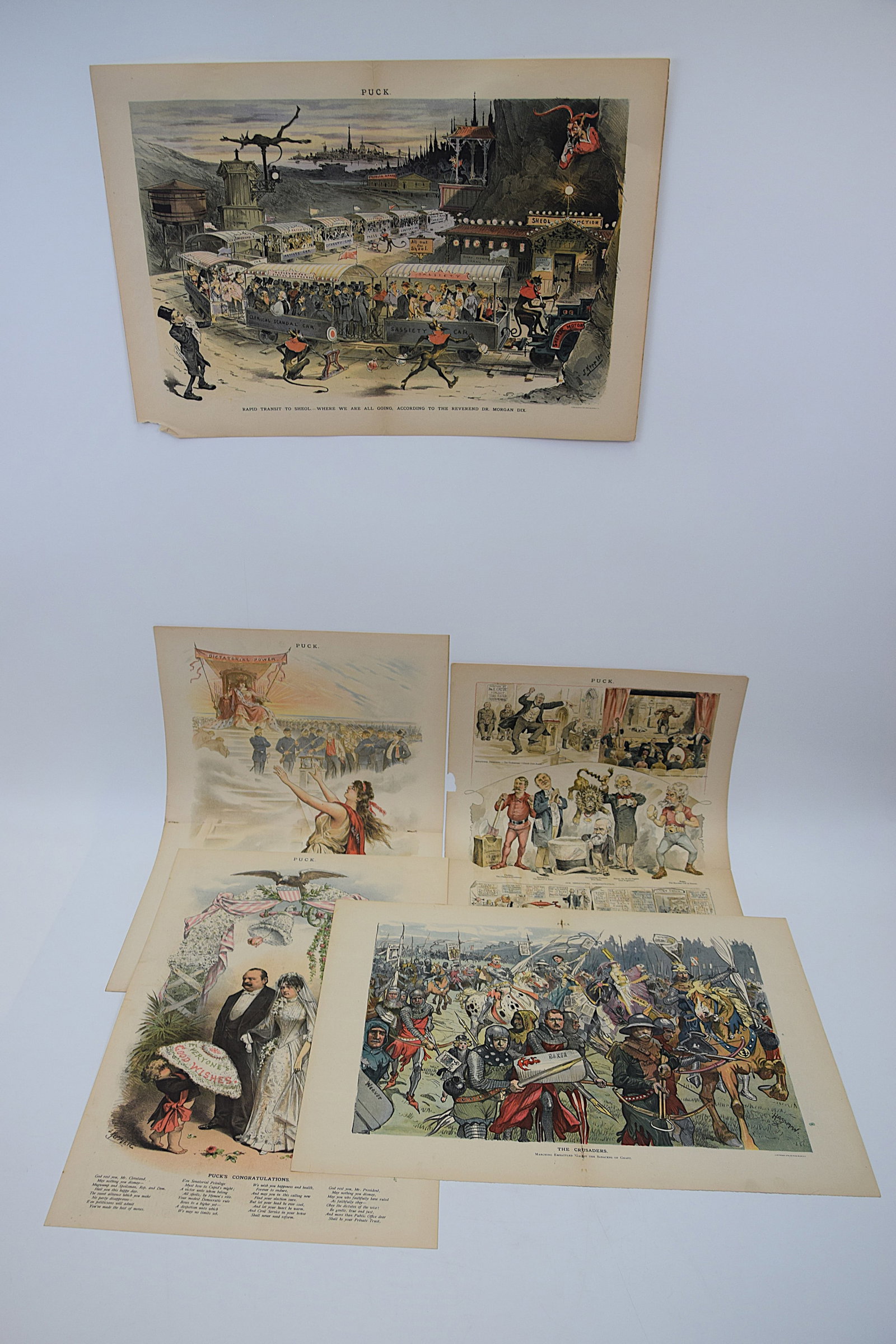 COLLECTION OF FIVE AMERICAN PUCK MAGAZINE POLITICAL AND SOCIAL SATIRICAL CHROMOLITHOGRAPHS INCLUDING (1 of 20)