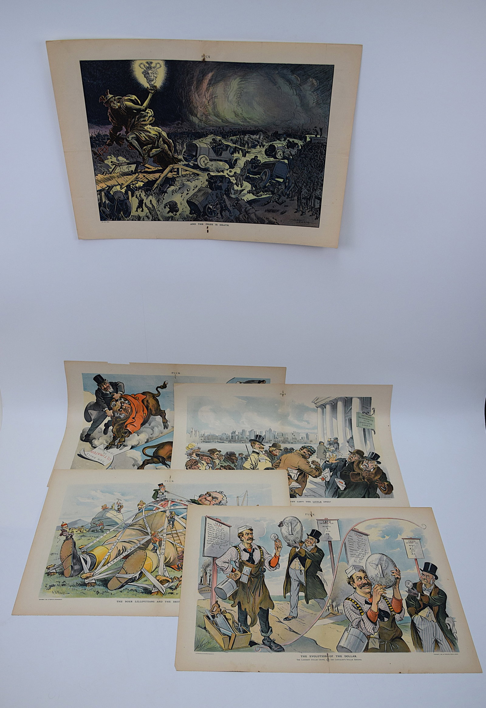 COLLECTION OF FIVE AMERICAN PUCK MAGAZINE POLITICAL SATIRICAL CHROMOLITHOGRAPHS INCLUDING “AND (1 of 20)