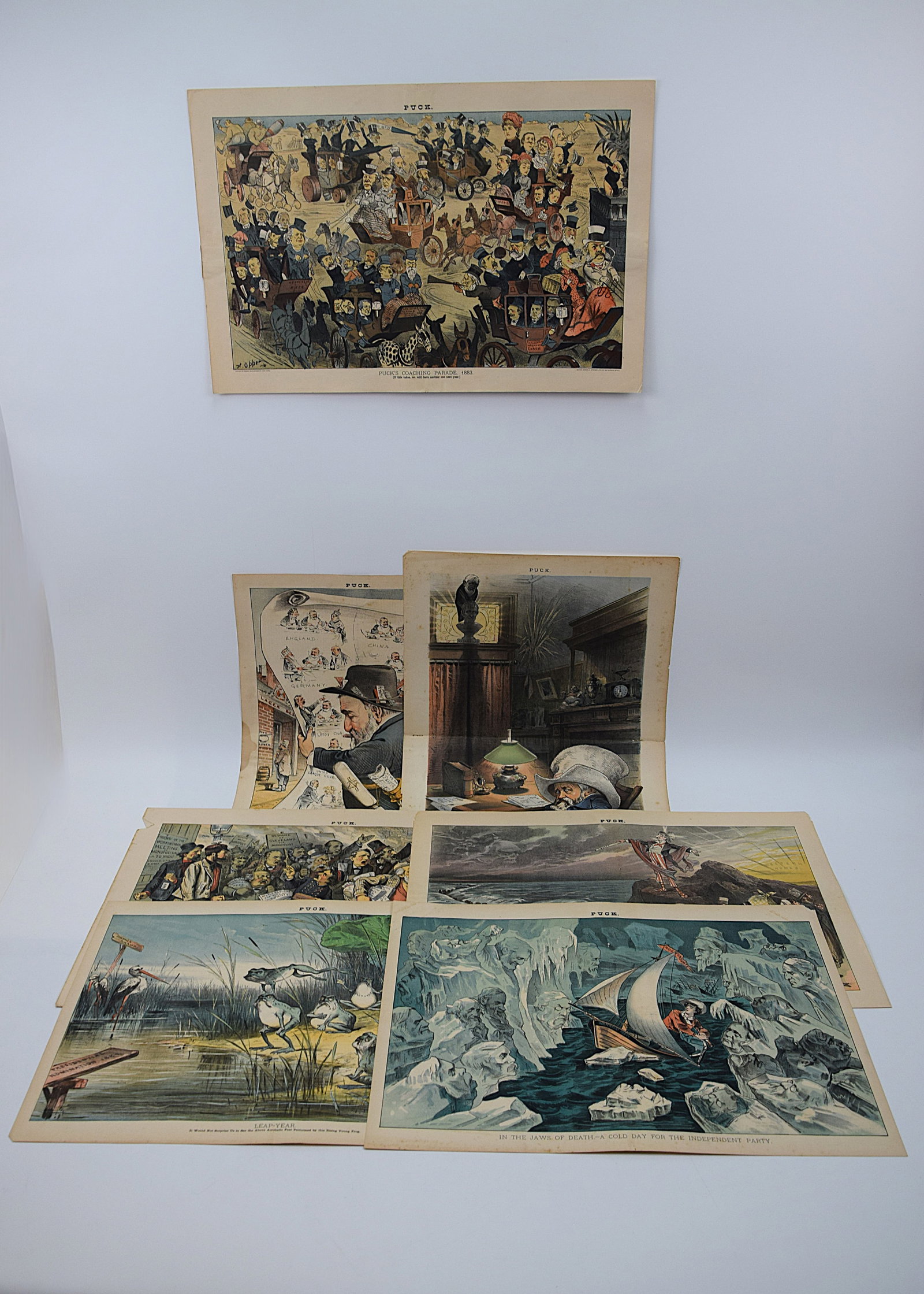 GROUP OF SEVEN AMERICAN PUCK MAGAZINE POLITICAL SATIRICAL CHROMOLITHOGRAPHS INCLUDING “PUCK’S (1 of 20)