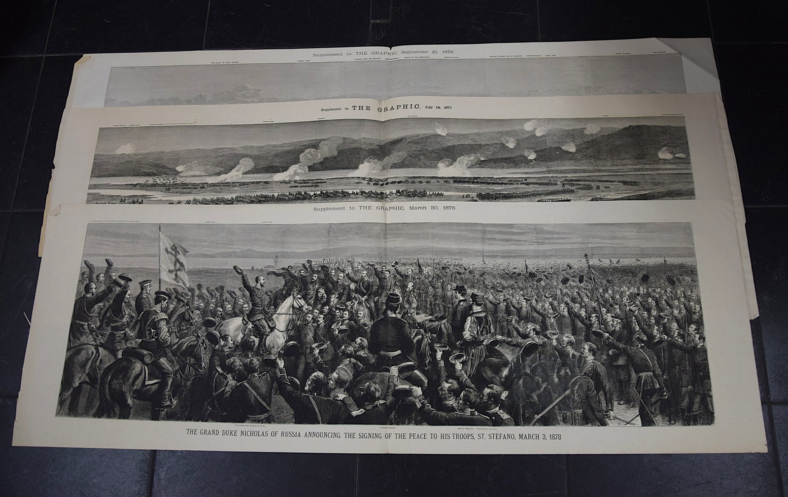 GROUP OF 3 RUSSO-TURKISH WAR PANORAMIC ENGRAVINGS FROM THE GRAPHIC: AN IMPRESSIVE ASSEMBLAGE OF THREE LARGE-SCALE PANORAMIC ENGRAVINGS FROM THE GRAPHIC CHRONICLING KEY MOMENTS OF THE RUSSO-TURKISH WAR, INCLUDING THE GRAND DUKE NICHOLAS OF RUSSIA ANNOUNCING THE SIGNING